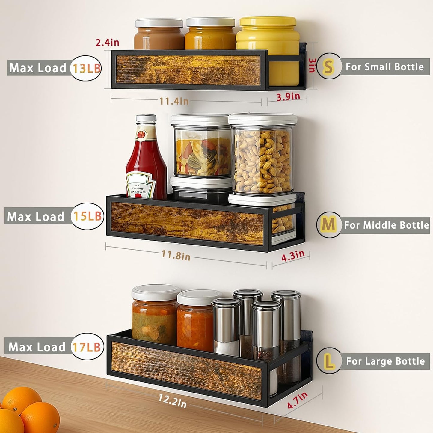 Spice Rack Wall Mount 6 Pack, Space-Saving Seasoning Organizer,Screw or Adhesive Hanging Spice Rack Organizer for Kitchen Cabinet and Wall (Engineered Wooden)