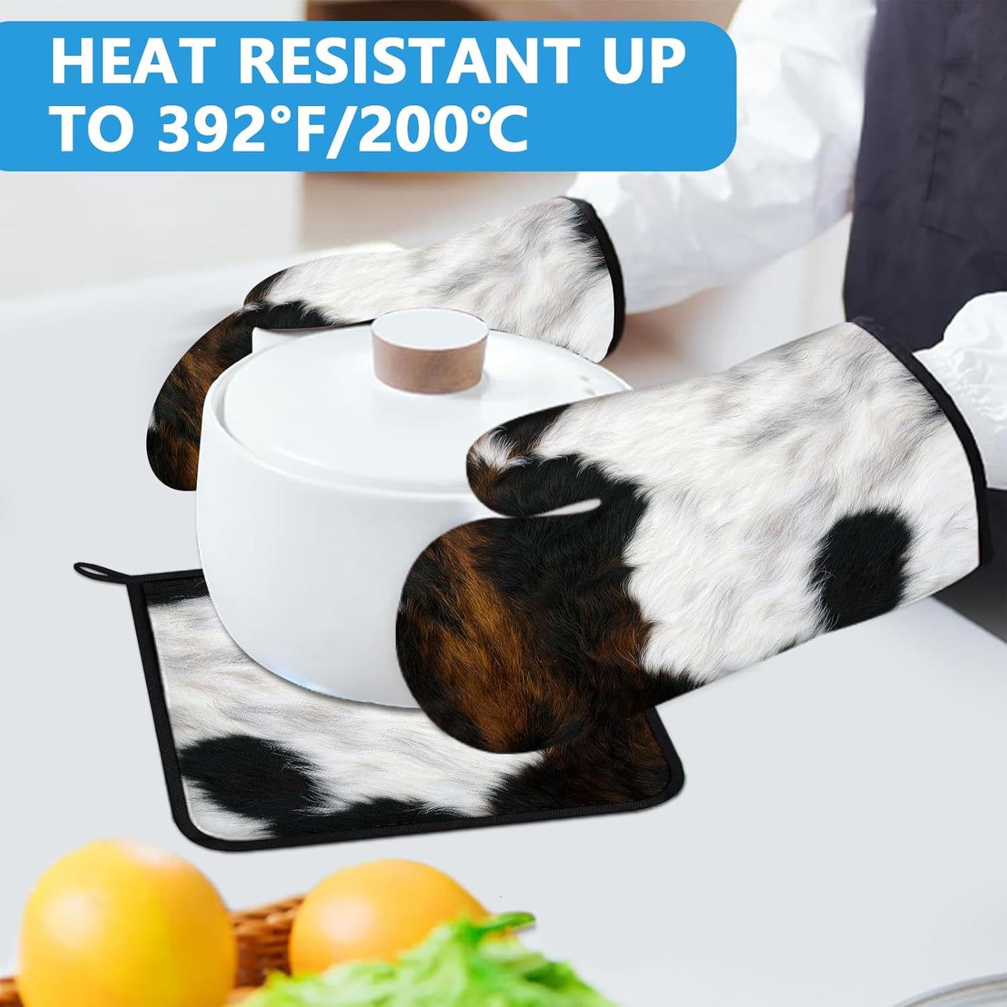 Brown Cowhide Oven Mitts and Pot Holders Sets Heat Resistant 4Pcs Potholders Oven Gloves Hot Pads for Kitchen Baking Cooking Grilling BBQ