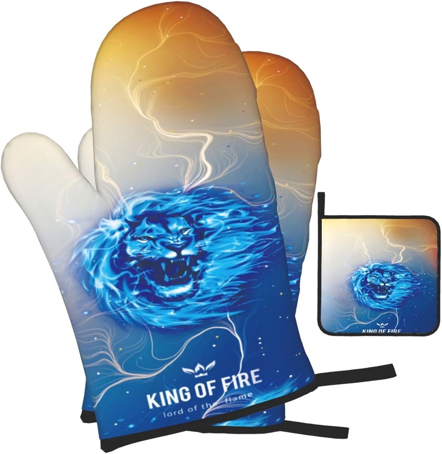 Orange Blue Oven Mitts and Pot Holders Sets of 3 Heat Resistant Funny Hot Pads Lion Oven Gloves for Kitchen Cooking BBQ Baking