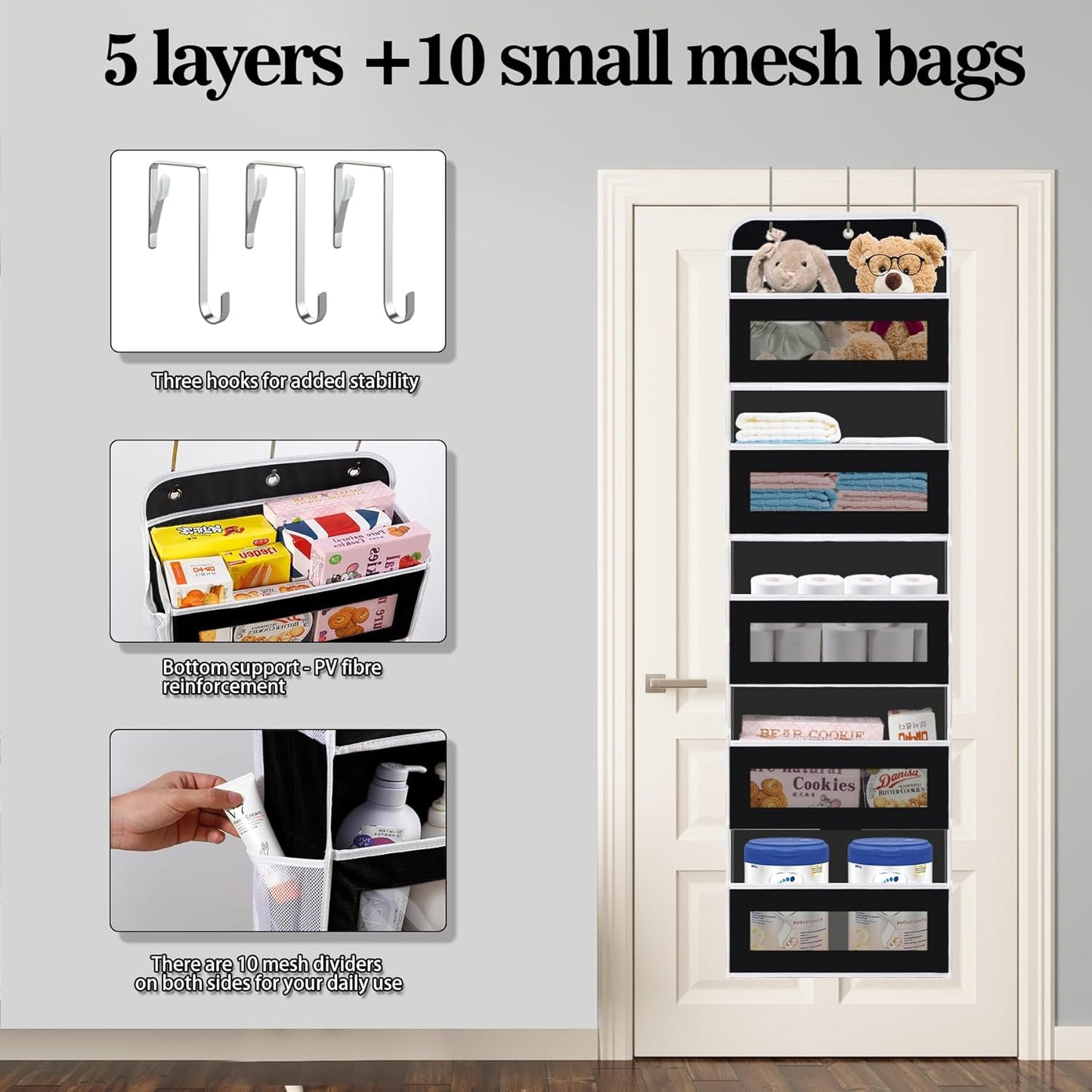 Over The Door Organizer, 5 Shelves Closet Door Hanging Organizer with 10 Mesh Pockets, Nursery Closet Organizer, Baby Essentials, Dorm Room Essentials for Girls