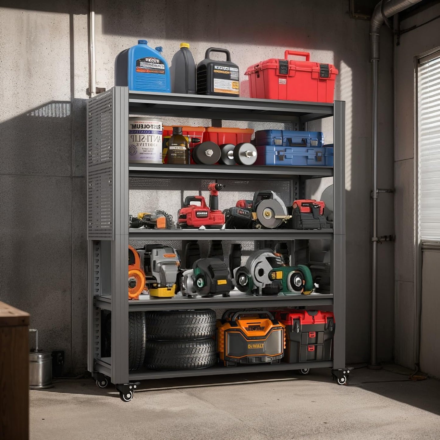 72" H 5-Shelf Metal Storage Shelves, 2000 lbs Garage Shelving Unit with Pegboard, Adjustable Industrial Heavy Duty Storage Rack with Wheels, 47.2" W x 23.6" D for Pantry Basement, Black