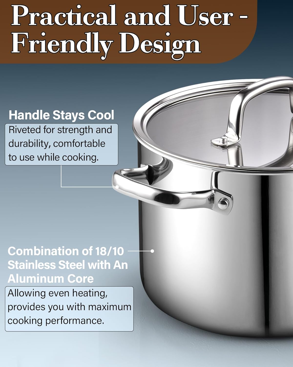 Cook N Home Stainless Steel Stockpot with Lid 12 Quart, Tri-Ply Clad Large Capacity Soup Pot, Induction Cooking pot, Silver