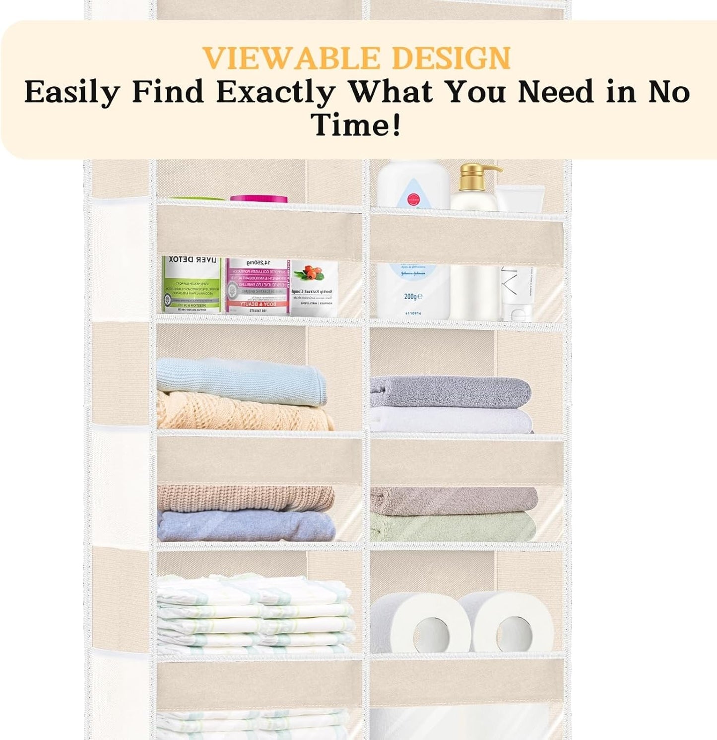 Over the Door Organizer 6 Tiers, Extra Large Behind Door Storage of 12 Compartments,80 lbs Weight Capacity Hanging Storage Organizer with Clear Window Kids Toys, Shoes, Diapers,Beige