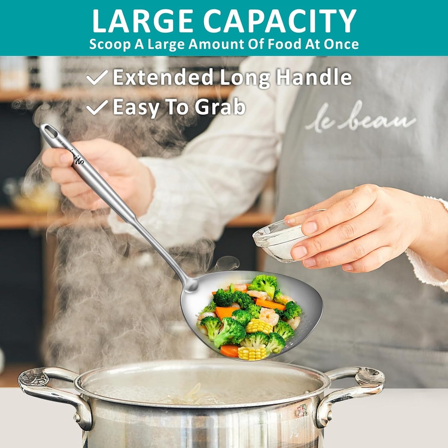 Large Deep Skimmer Slotted Spoon, Real SUS304 Stainless Steel Pasta Strainer, Colander Spoon with Big Draining Holes, Deep Fryer Scoop for Frying, Cooking, Draining, Ideal for Gift, 15''