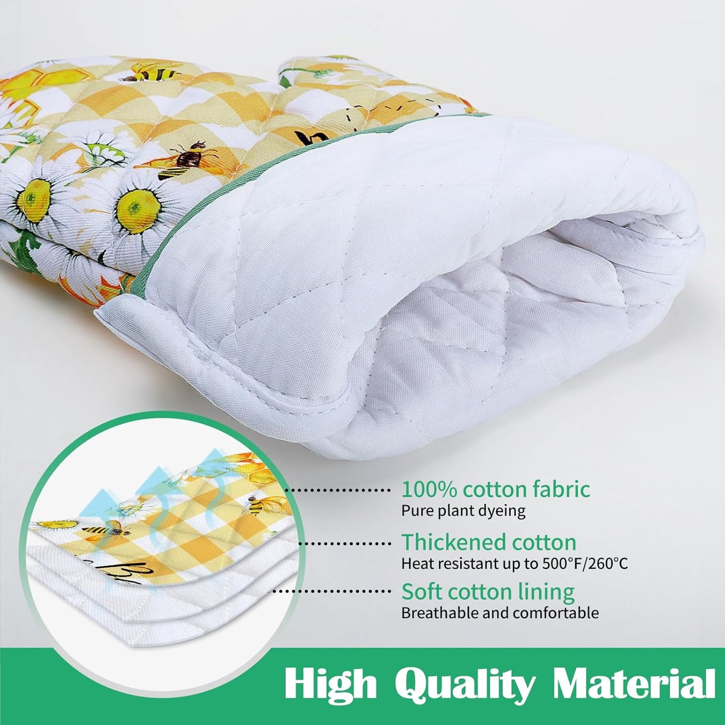 Bee Daisy Oven Mitts and Pot Holders Sets 100% Cotton Heat Resistant, Extra Long Oven Gloves Potholder for Kitchen Cooking Baking Housewarming