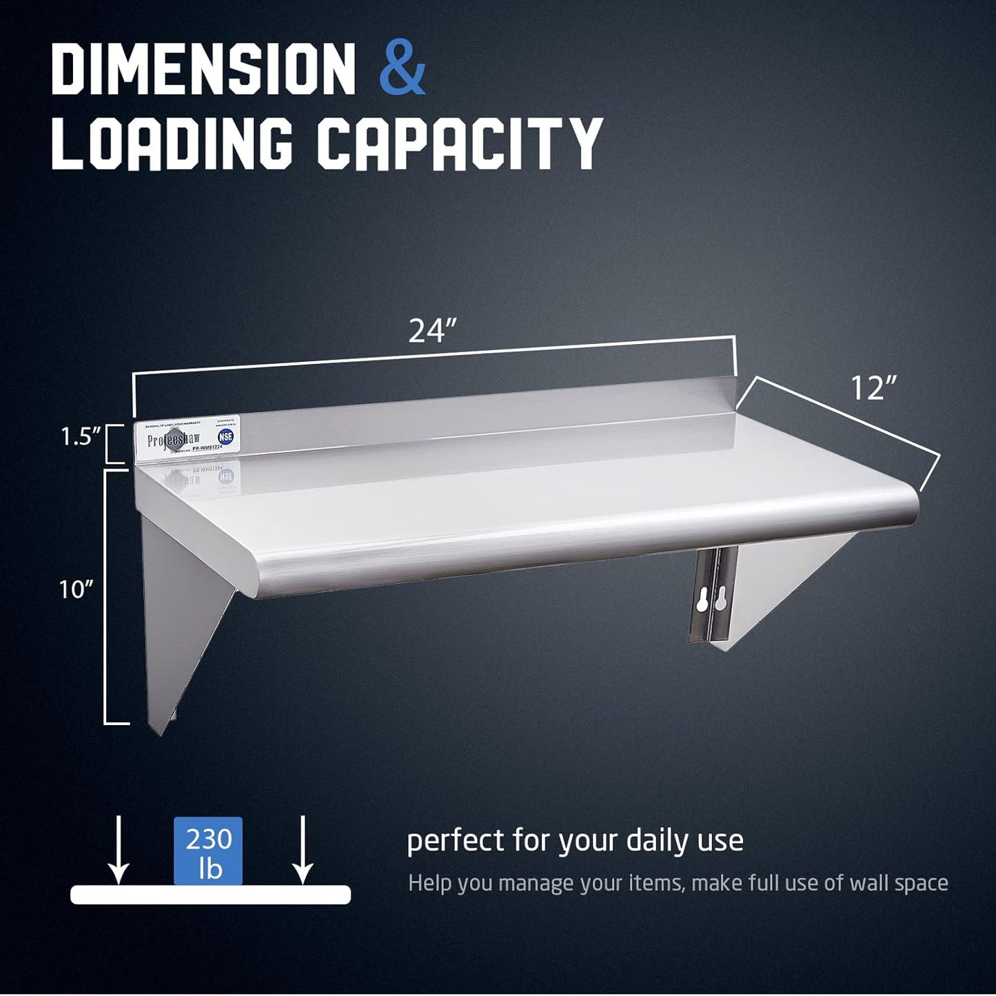 Profeeshaw NSF Stainless Steel Shelf 12” x 24”, 230 lb Commercial Shelves Wall Mounted Metal Shelving with Backsplash and 2 Brackets for Restaurant, Bar, Utility Room, Kitchen and Garage