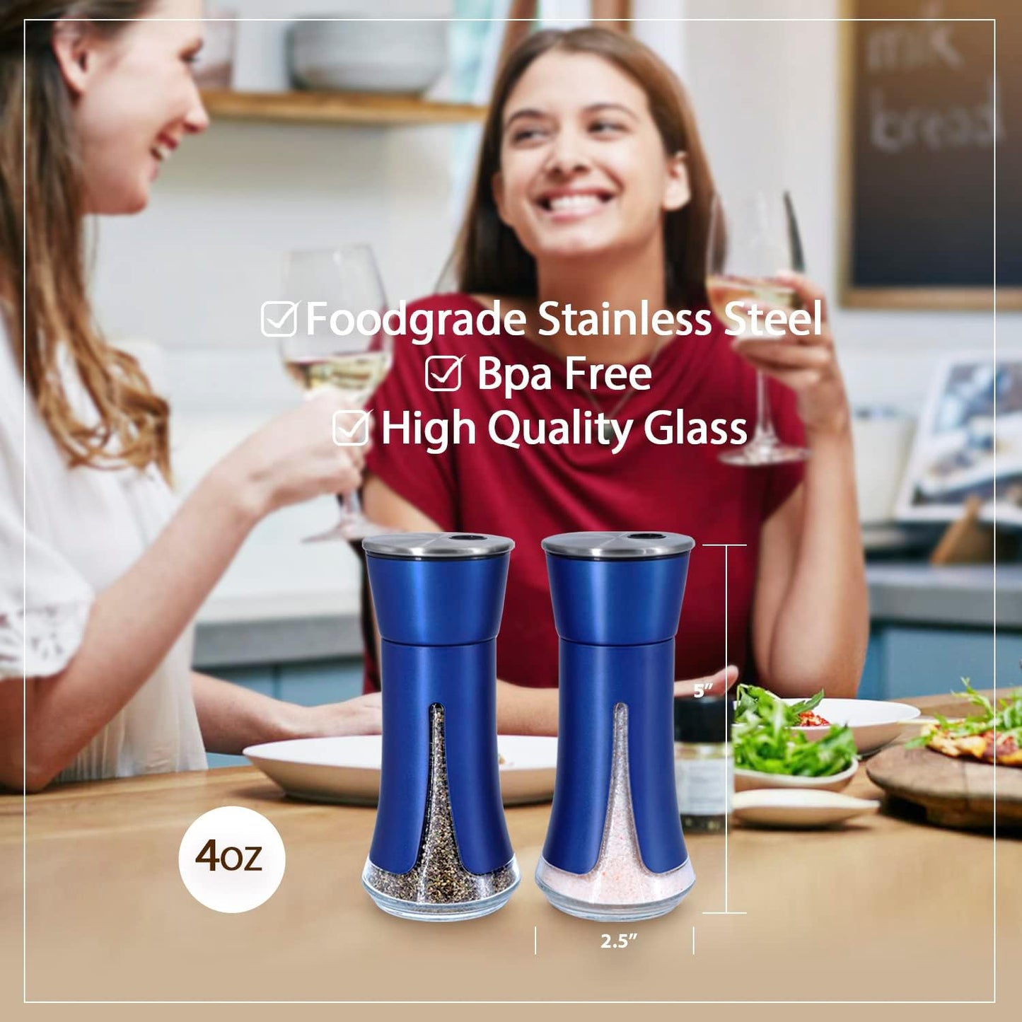 Blue Salt and Pepper Shakers by Aelga, Salt Shaker with Adjustable Pour Holes, Blue Kitchen Accessories, Decor for Kitchen,Restaurants,Camp,BBQ