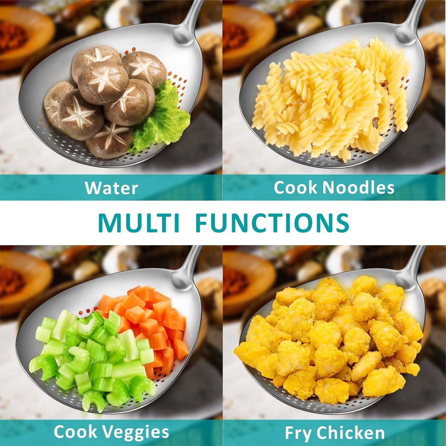 Large Deep Skimmer Slotted Spoon, Real SUS304 Stainless Steel Pasta Strainer, Colander Spoon with Big Draining Holes, Deep Fryer Scoop for Frying, Cooking, Draining, Ideal for Gift, 15''