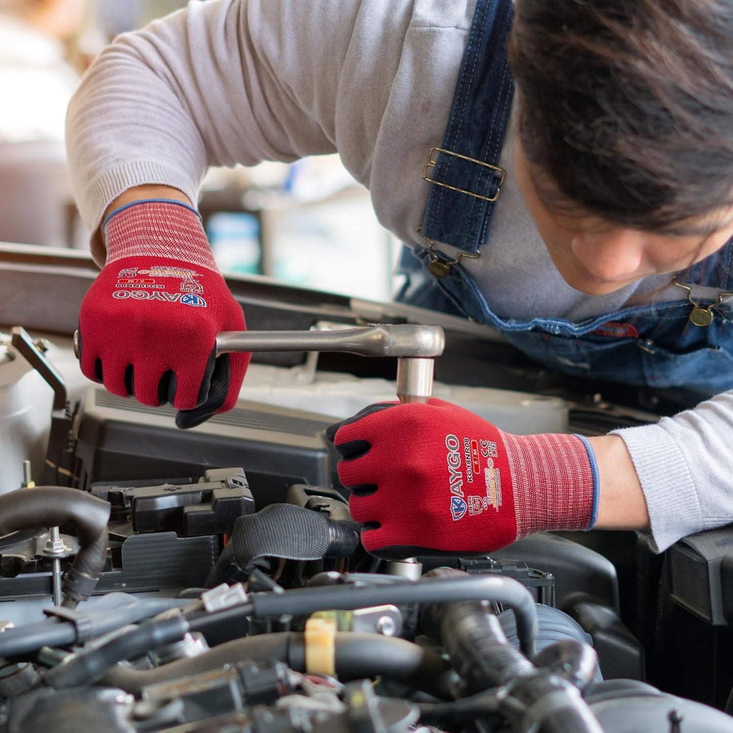 Safety Work Gloves MicroFoam Nitrile Coated-12 Pairs,KAYGO KG18NB,Seamless Knit Nylon Glove with Black Micro-Foam Nitrile Grip,Ideal for General Purpose,Automotive,Home Improvement,Red