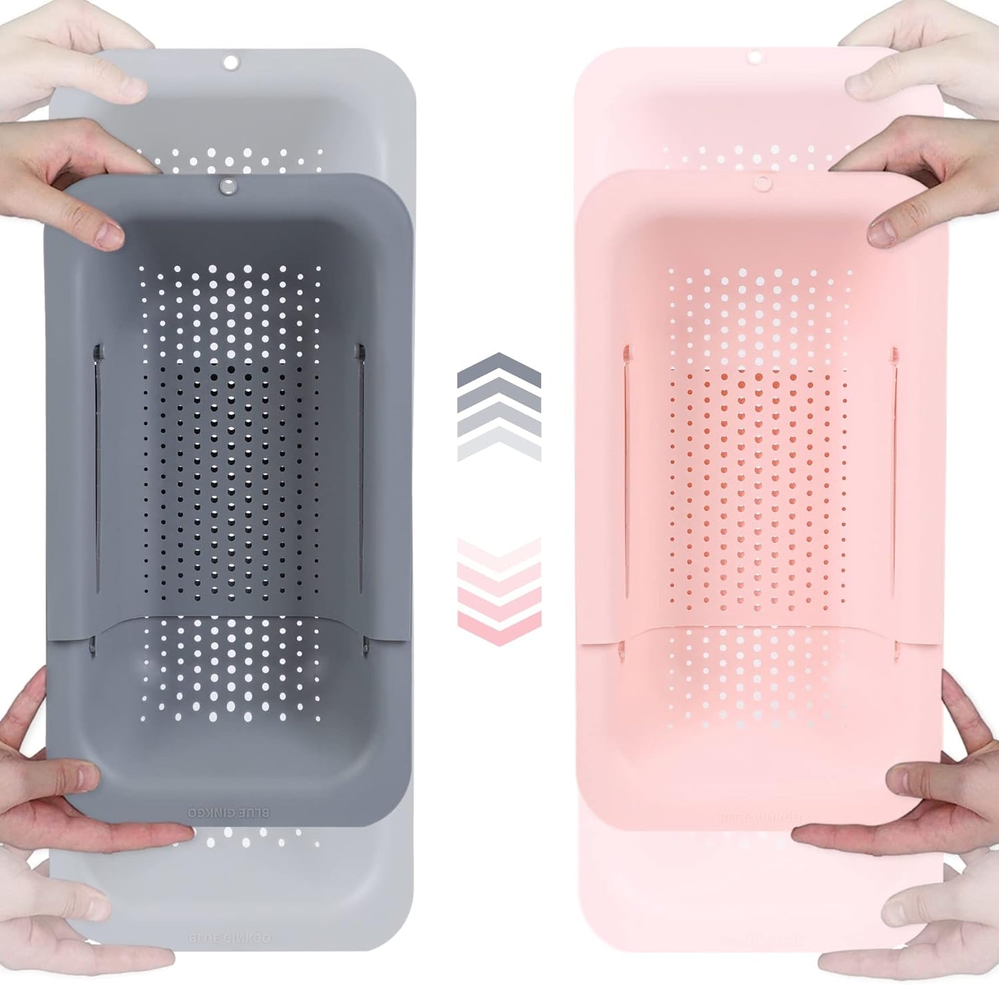 BLUE GINKGO Sink Colander Baskets - (Pack of 2) Wash Vegetables and Fruits, Drain Cooked Pasta and Dry Dishes - Extendable - New Home Kitchen Essentials (Grey & Pink)