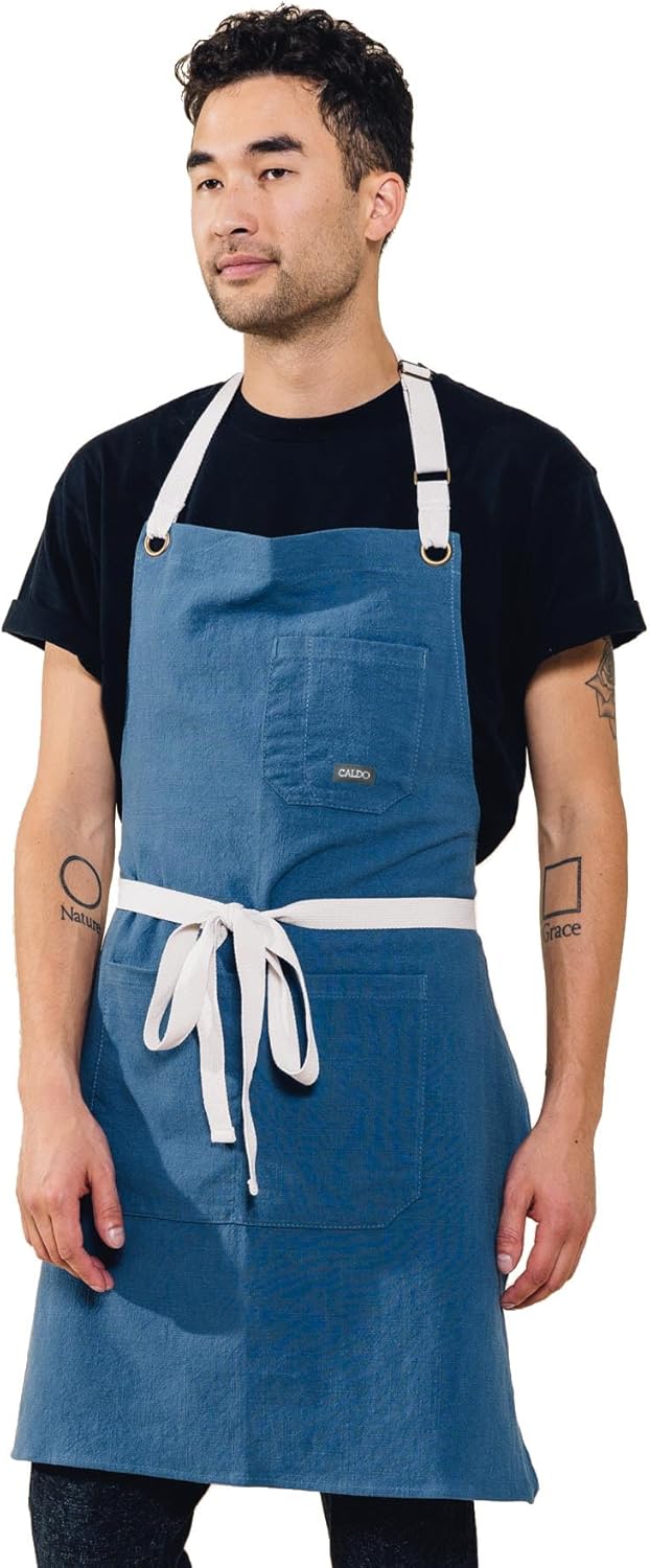Caldo Linen Kitchen Apron for Cooking- Mens and Womens Linen Bib Apron for Professional Chef, Server, or Barista- Adjustable with Pockets (Vintage Blue)
