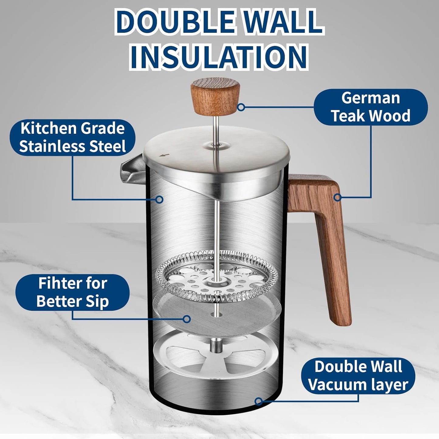 BERTILLE french press coffee maker, 34OZ 304 food stainless steel French press coffee maker with solid wood handle, double-layer insulation and 3-layer filtration system (silver)