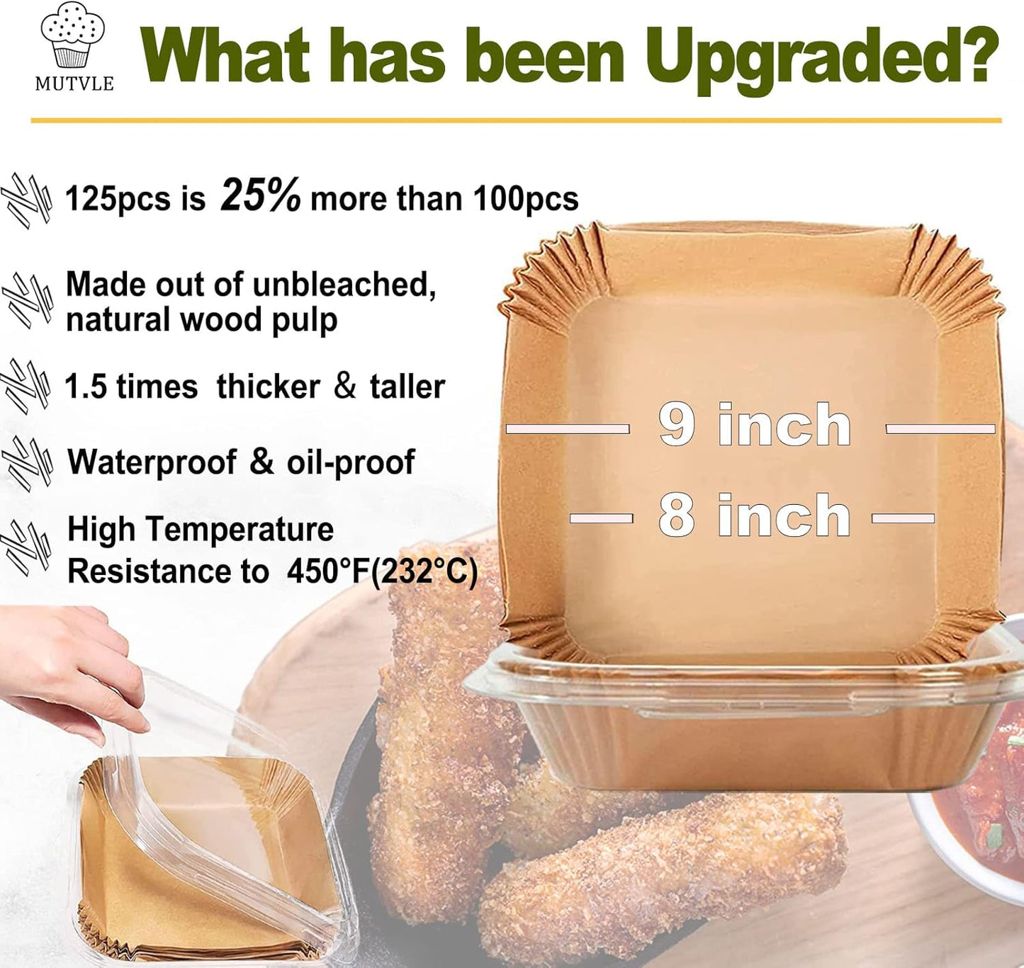 Large Air Fryer Disposable Paper Liners Square 9 Inch, 125 Pcs Parchment paper liner for 5-8QT Air fryer, Oil-proof, Water-proof, Parchment Baking Paper for Baking Roasting Microwave