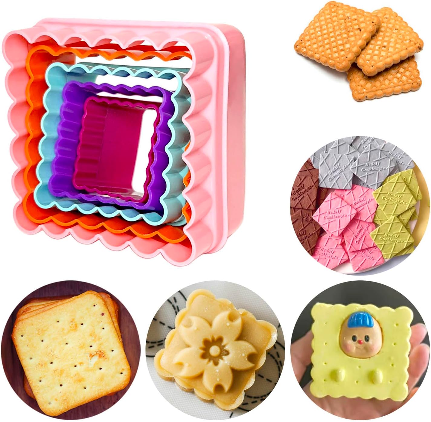 Cookie Biscuit Cutter Set, Two Side Cookie Cutters Plastic Set Multi-size Cake Fruit Vegetable Shapes Cutter Random color (Square Shaped, 5 Pack)