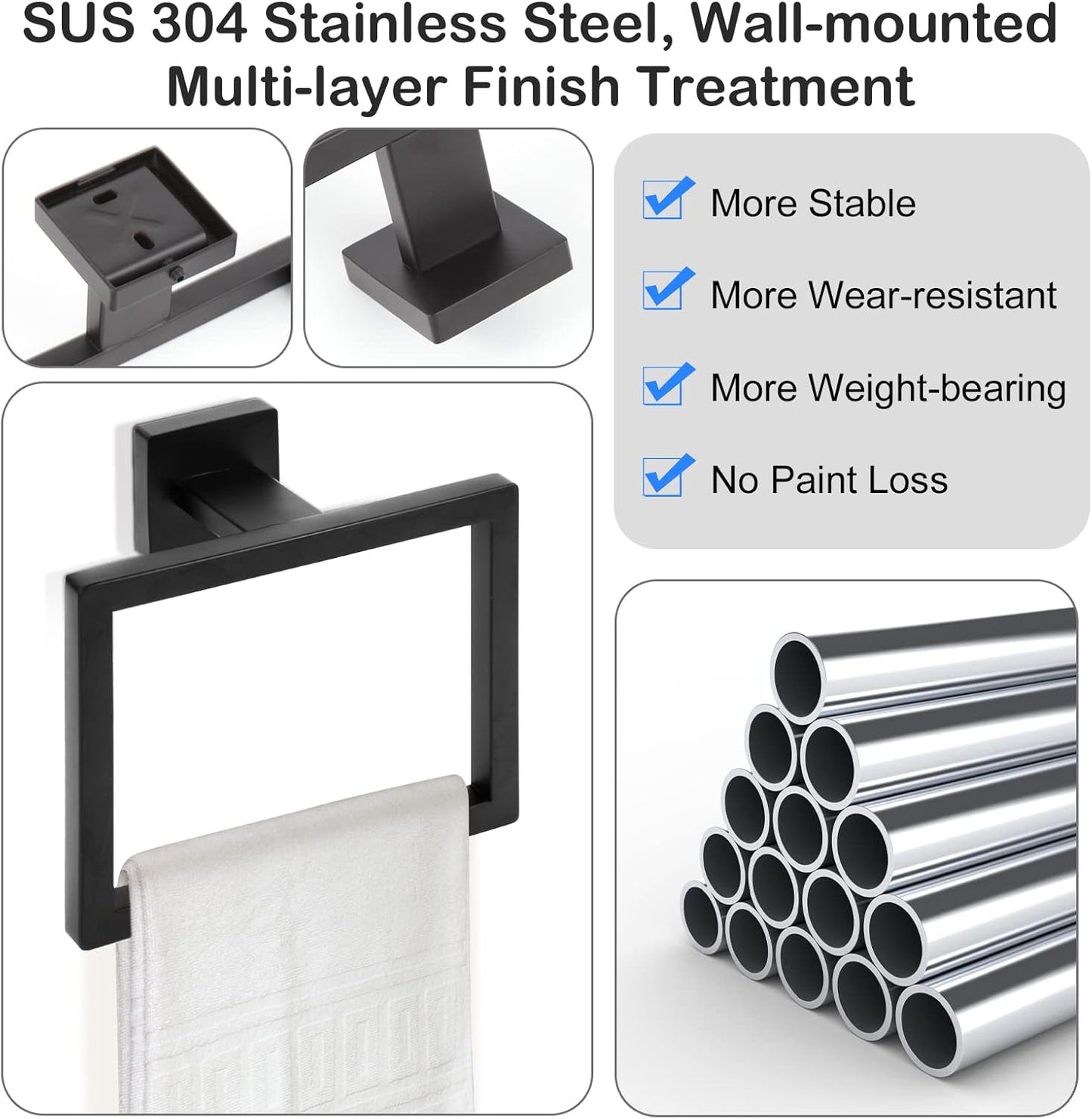 2-Piece Matte Black Square Towel Ring,Modern Hand Towel Holder for Bathroom,SUS304 Stainless Steel Towel Hangers Wall-Mounted
