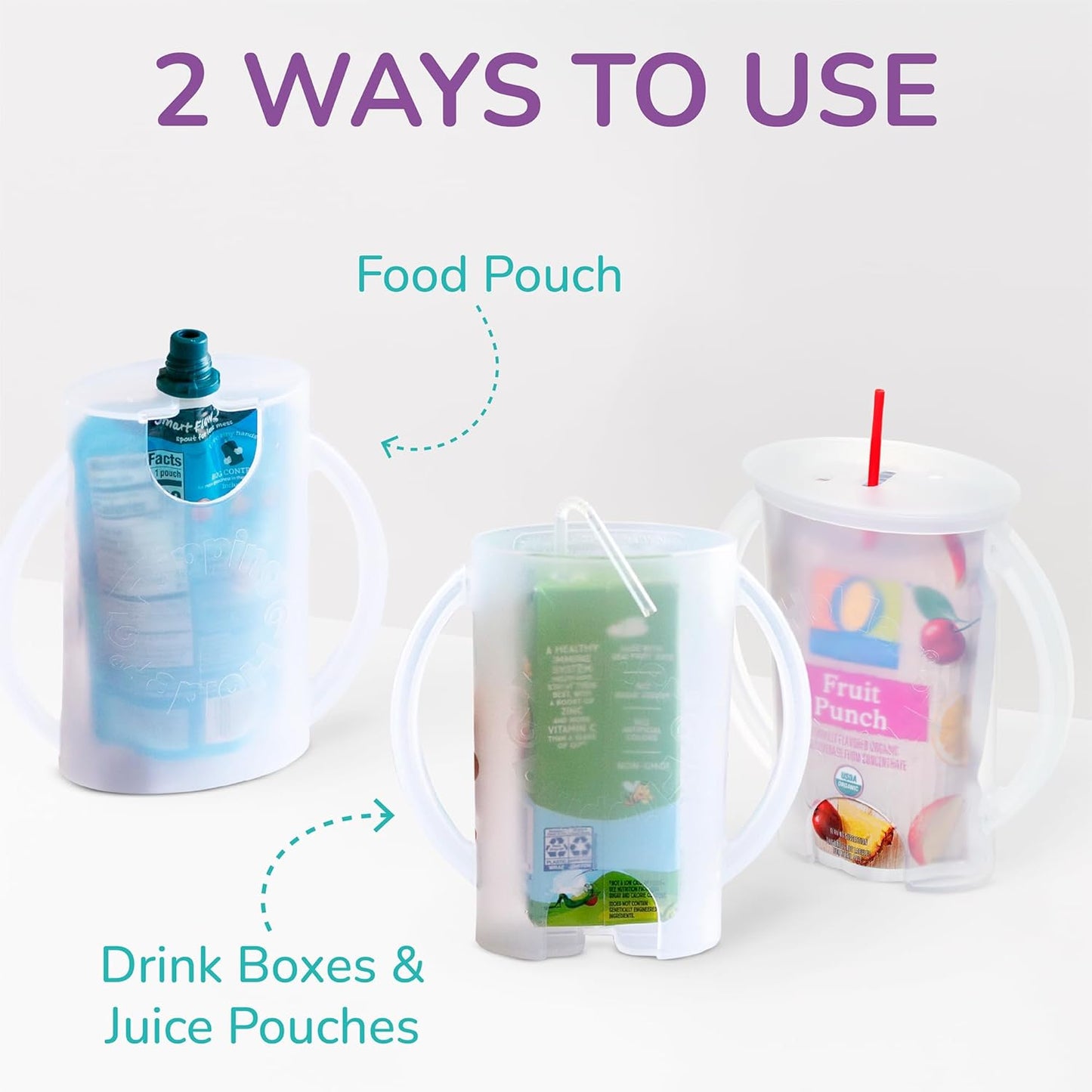 Squeeze Proof Food Pouch Holder for Toddlers, Babies, Kids, Mess Free No Squeeze Juice Box Drink Holder with Easy Grip Handles and Lid - Made in USA (White 3 Pack)