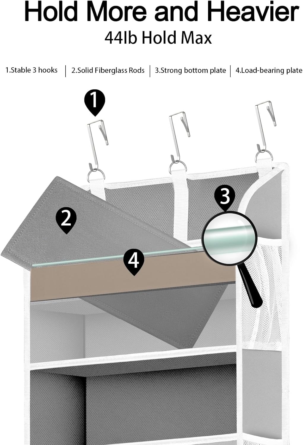 1 Pack Over The Door Storage Organizer with 5 Pockets 10 Mesh Side Pockets, 44 lbs Weight Capacity Door Hanging Organizers and Storage for Bedroom,Bathroom,Nursery,Pantry,Dorm(Light Gray)