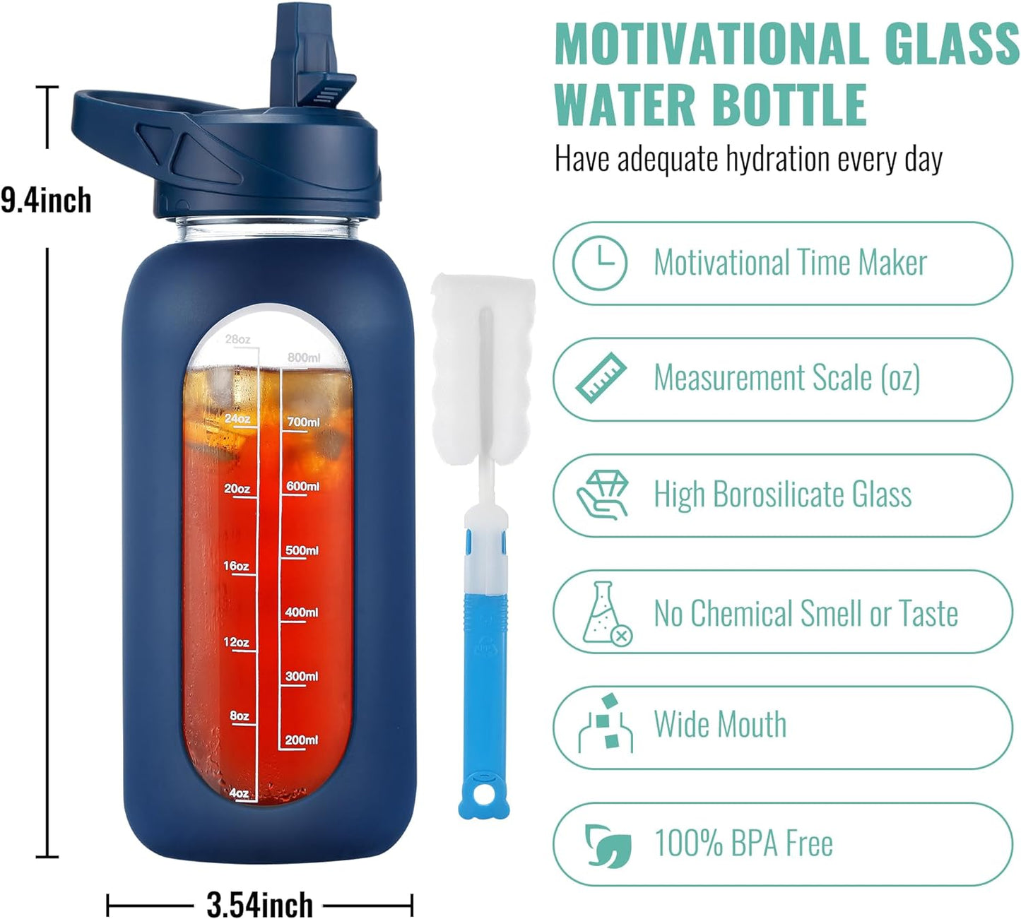 CIVAGO 32 oz Glass Water Bottle with Straw and Handle, Large Sports Motivational Water Bottle Flask with Time Marker and 2 Lids, Leakproof Water Jug Canteen with Silicone Sleeve for Gym,Navy