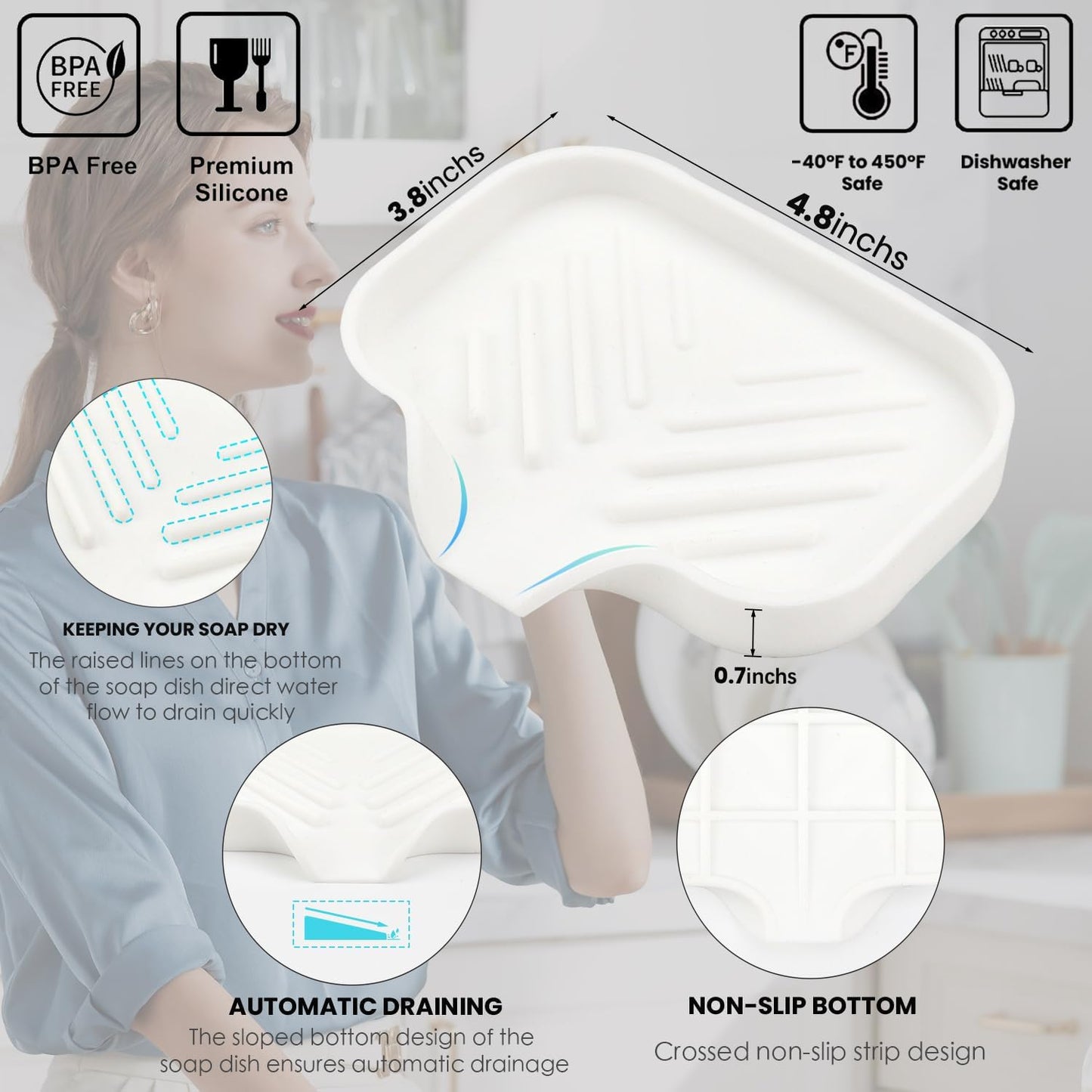 Yasmen Silicone Bathroom Soap Dishes, Sink Sponge Holder for Kitchen, 2Pcs Rubber Soap Dish with Drain, Shower Soap Sponge Tray, Sink or Counter Organizer for Bar Soap, Dish Soap Dispenser-Black/White