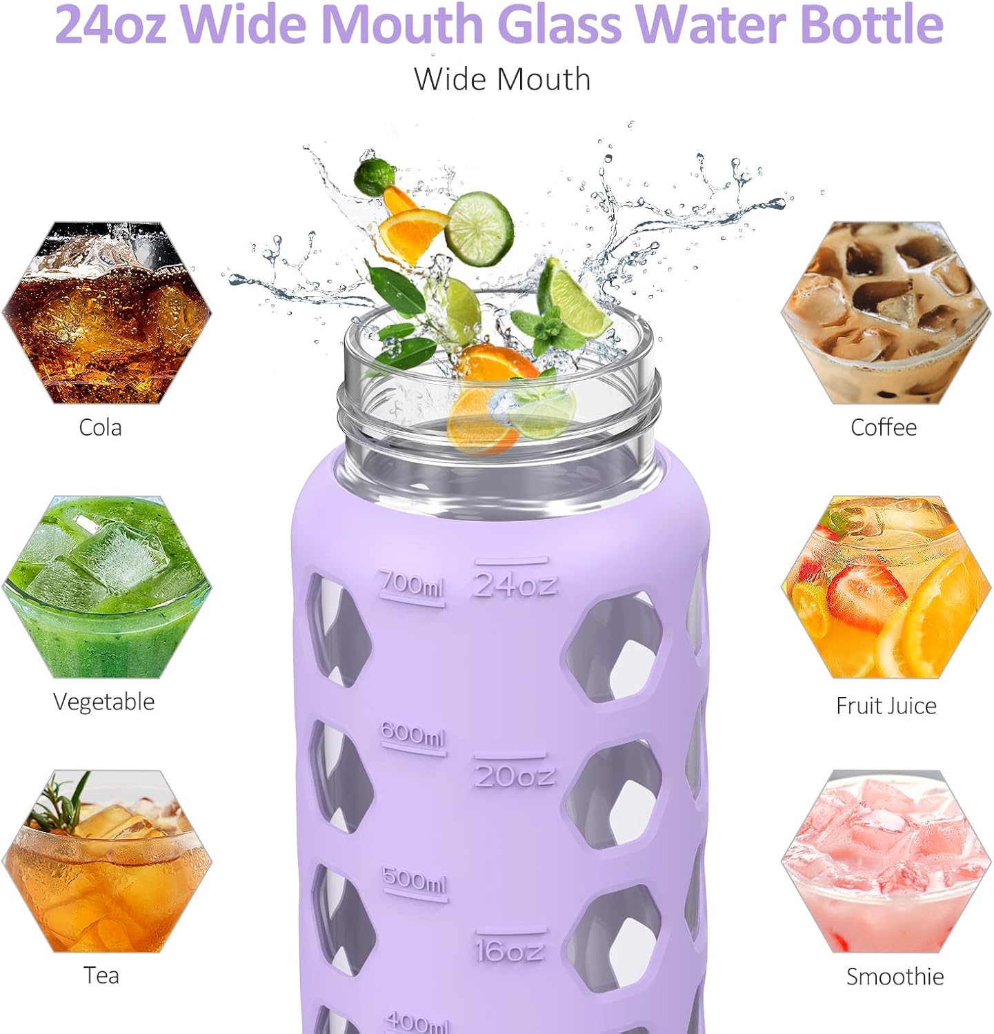 MUKOKO 24oz Glass Water Bottle with 2 Lids-Handle Flip Lid&Bamboo Straw Lid,Motivational Water Tumbler with Time Marker Reminder and Silicone Sleeve, Leakproof-Purple