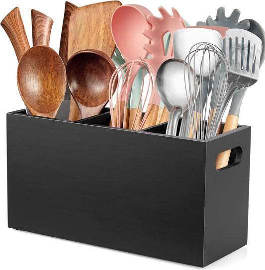 ALELION Black Kitchen Utensil Holder for Countertop - Wooden Large Utensil Caddy Organizer for Counter - 3 Compartment Cooking Utensil Crock for Silverware Spoon Spatula