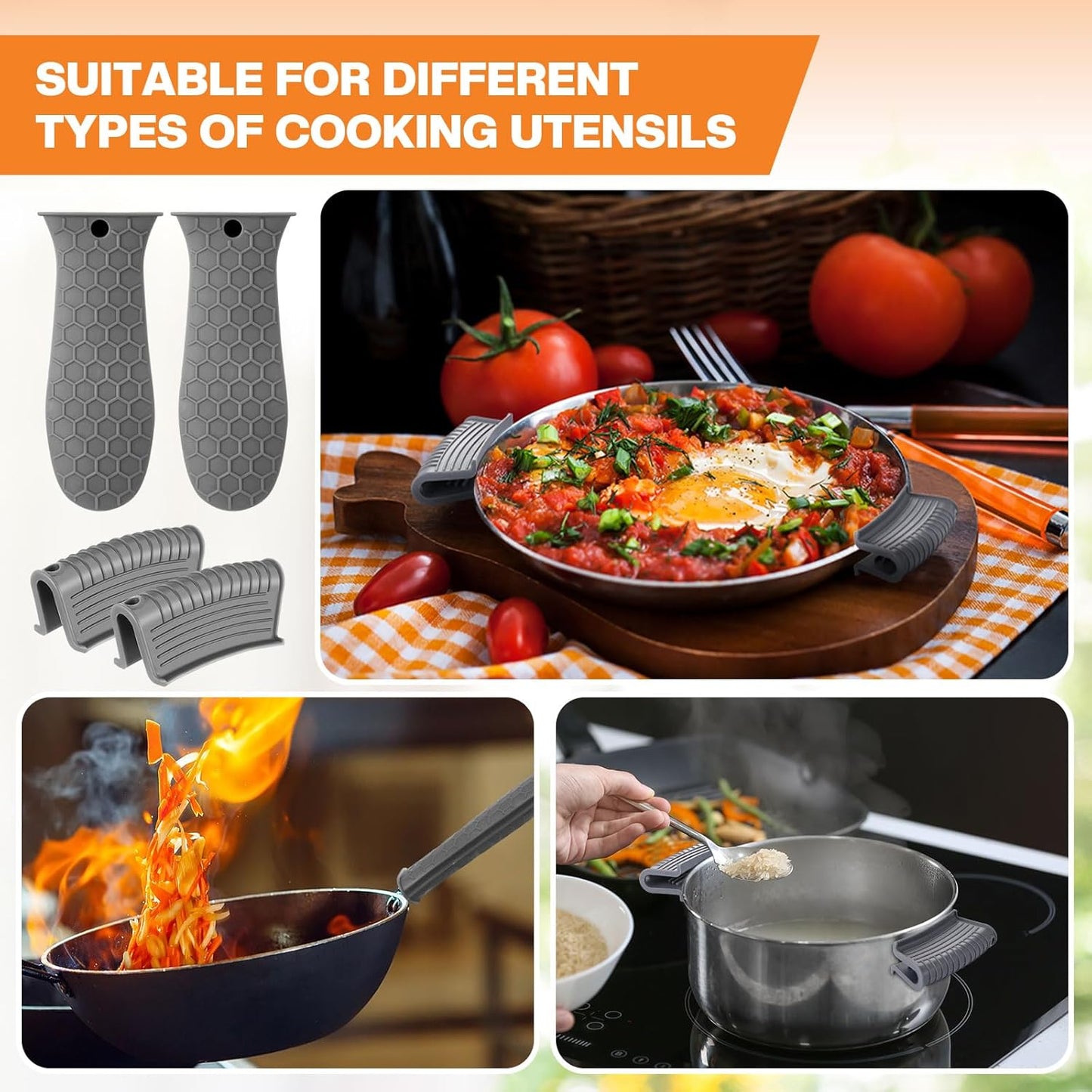 Patelai 8 Pcs Silicone Pot Holders Set Cast Iron Handle Cover Heat Resistant Pot Handle Covers Potholder Non Slip Reusable Pan Sleeve for Frying Pan Kitchen Supplies(Grey)