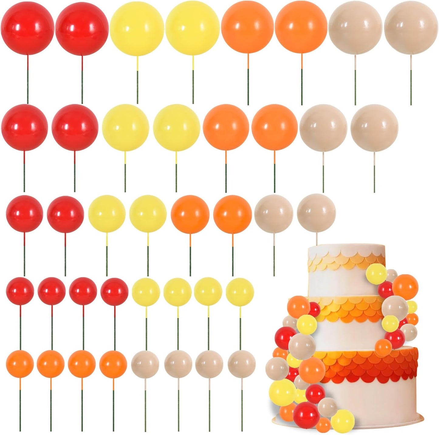 BEISHIDA 40 Pcs Mini Balls Cake Toppers - DIY Cake Decorations for Girls, Baking, Thanksgiving, Birthday, Baby Shower (Red, Orange, Yellow)