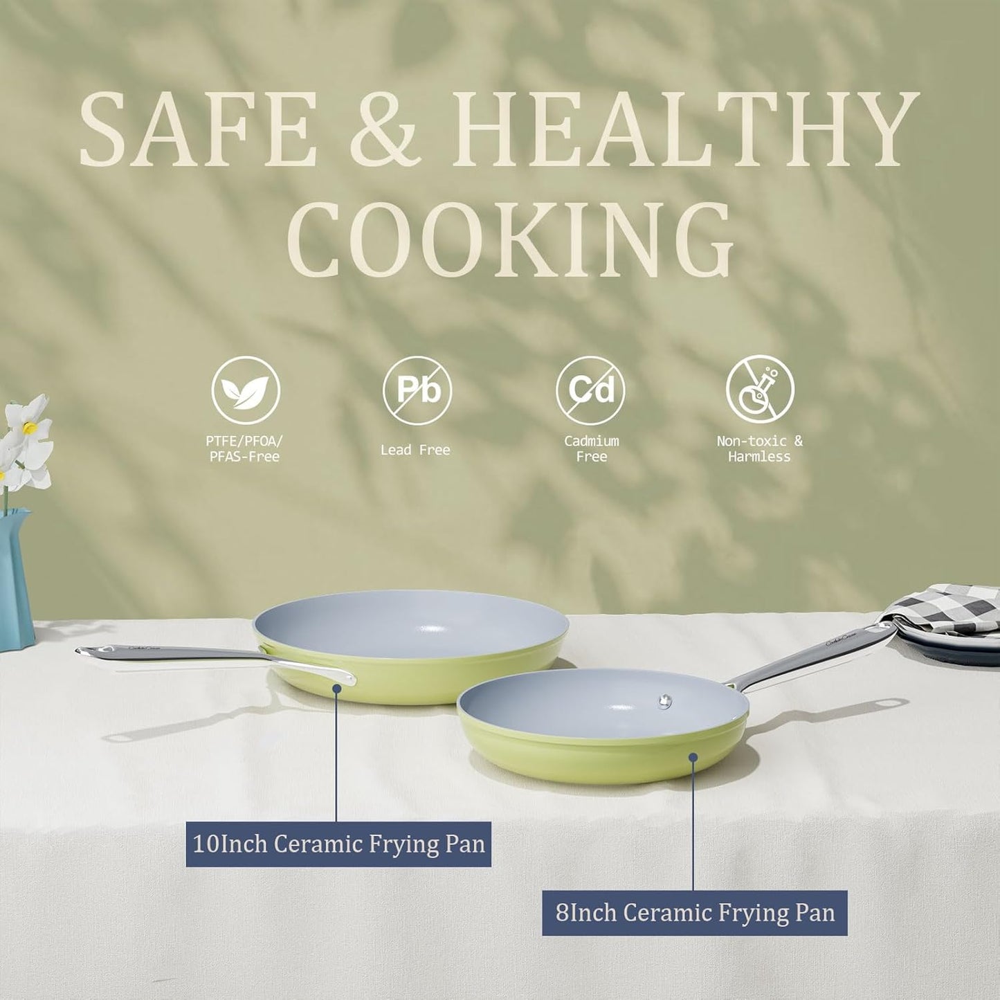 Nonstick Ceramic Frying Pan 10" Non Toxic Cooking Skillet for Eggs Pancakes & Stir Fry Even Heat Distribution PTFE/PFOA/PFAS Free Oven Safe Up to 500°F All Cooktops Compatible -Avocado Green