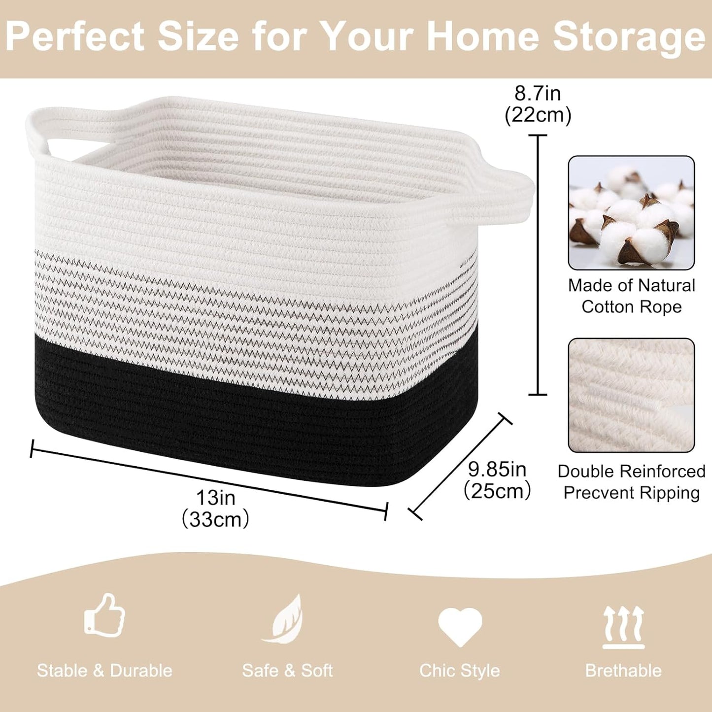 Storage Baskets for Organizing, Woven Baskets for Shelves, Rectangle Decorative Organizer for Storage Clothes, Toy, Books, Towels Nursery Bins 3 Pack (Gradient Black)