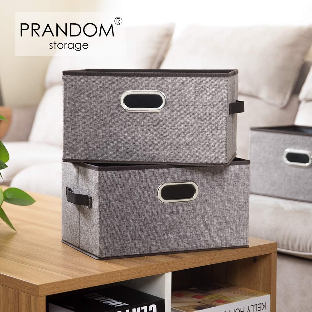 PRANDOM Fodable Storage Baskets for Closet [5-Pack] Decorative Fabric Storage Bins Cubes with Leather/Metal Handles for Shelves Bedroom Living Room Grey (11.5x8.5x6.7 Inch)