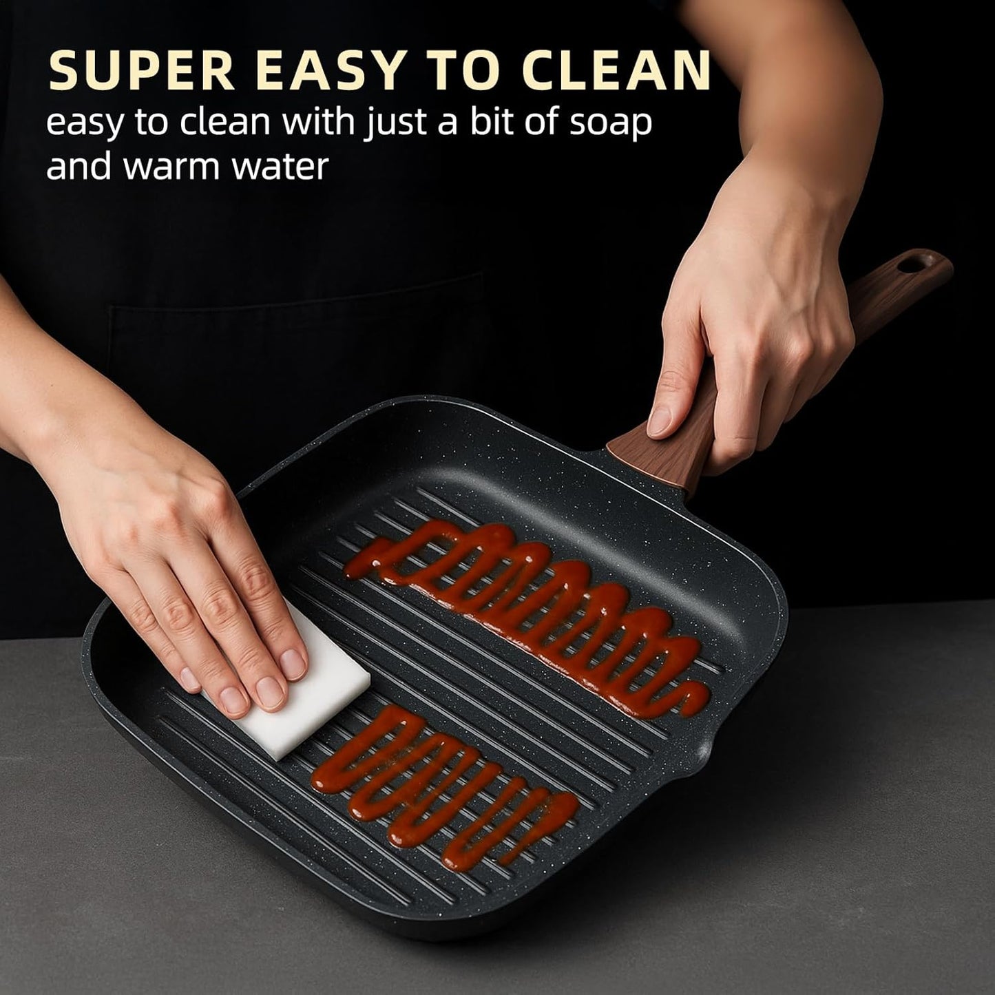 Kikcoin Nonstick Grill Pan for Indoor Cooking，9.5 Inch Versatile Griddle for Stove Tops Steak Pan with Pour Spouts