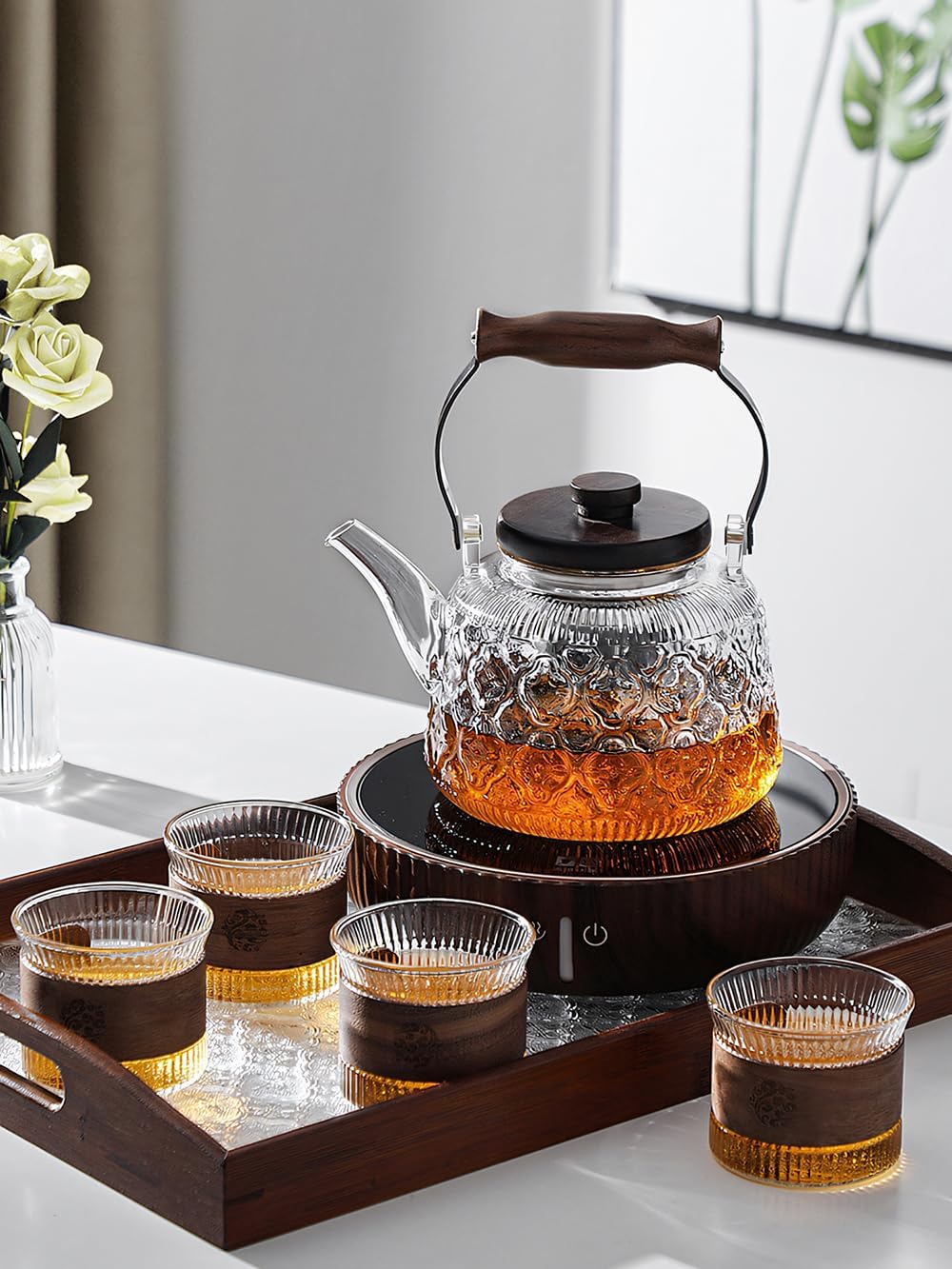 IwaiLoft Stovetop Safe Glass Teapot with Malus Spectabilis Pattern Removable Infuser Fine Borosilicate Tea Pot perfect for Fruit Flowering Tea Canister Premium Quality Tea Kettle Gift(Transparent)