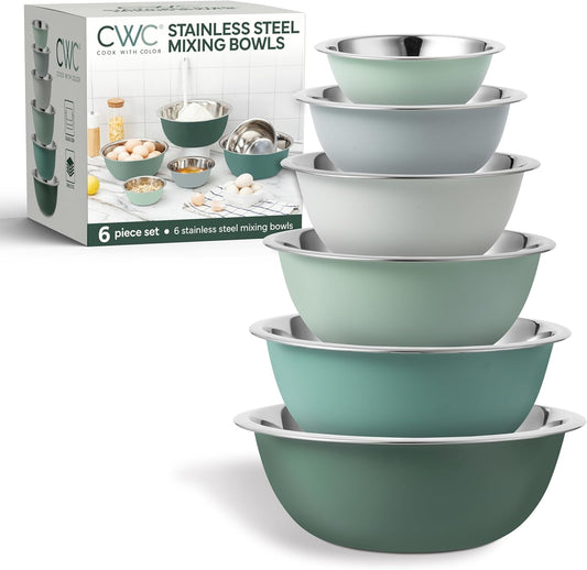 COOK WITH COLOR Stainless Steel Mixing Bowls Set - Nesting Bowls, 6 Pieces, Green