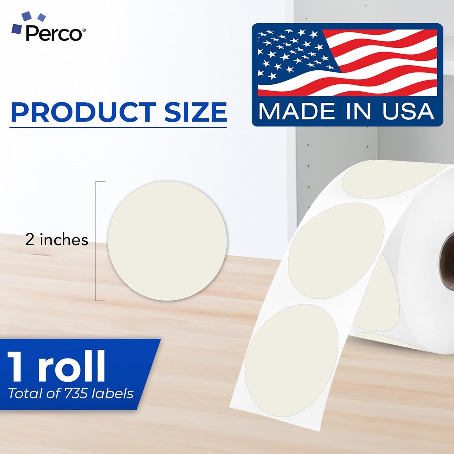 Perco Ivory 2-Inch Perforated Circle Dot Thermal Sticker Labels — 735 Stickers/Roll, Direct Thermal Printer Compatible—with Permanent Adhesive for Organizing, Color Coding, Bin Labeling—Made in USA