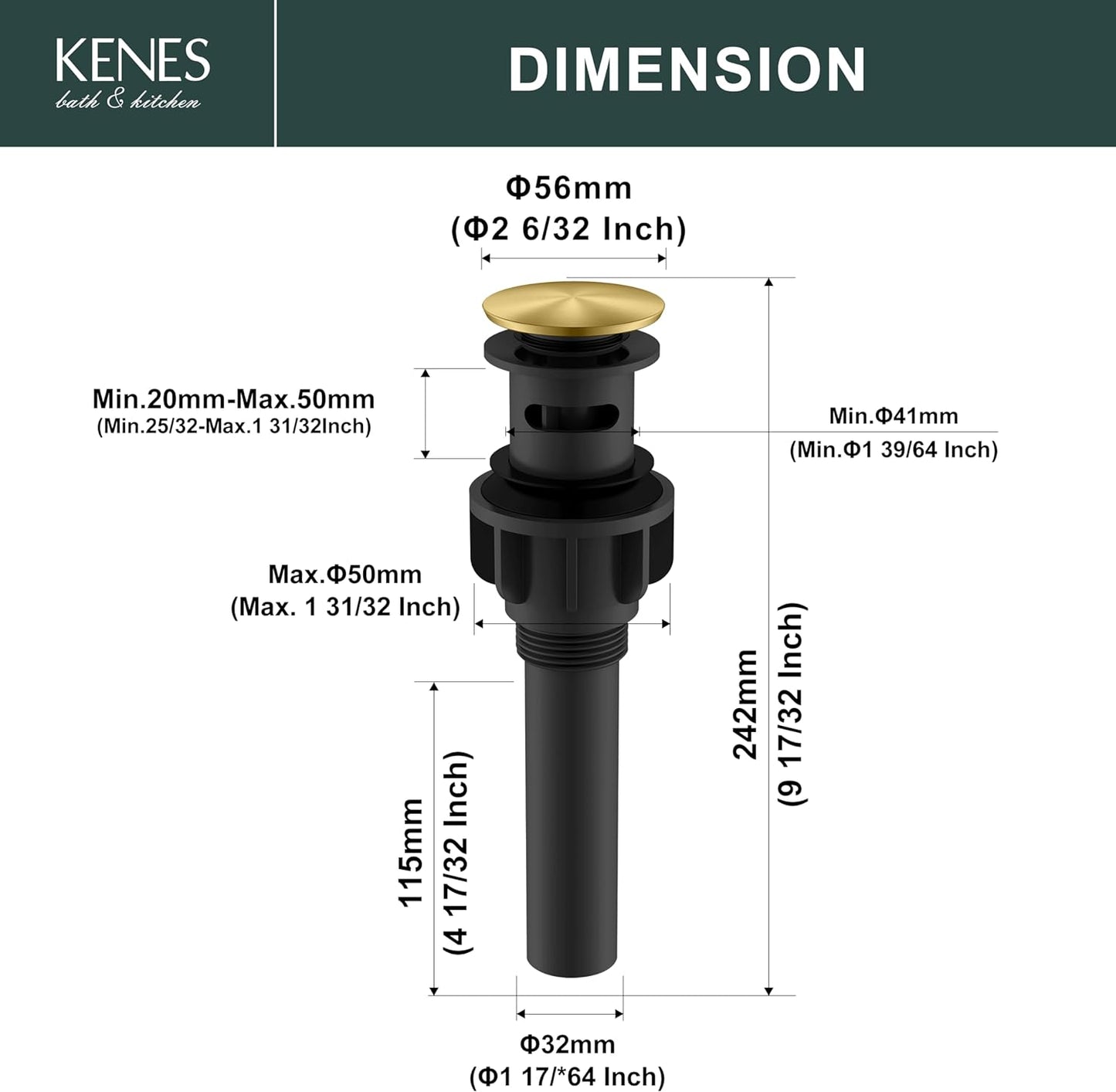 KENES Brushed Gold Pop Up Bathroom Sink Drain with Overflow, Bathroom Sink Drain Assembly with Strainer Pop Up Drain, Lavatory Bathroom Vanity Sink Pop Up Drain Stopper