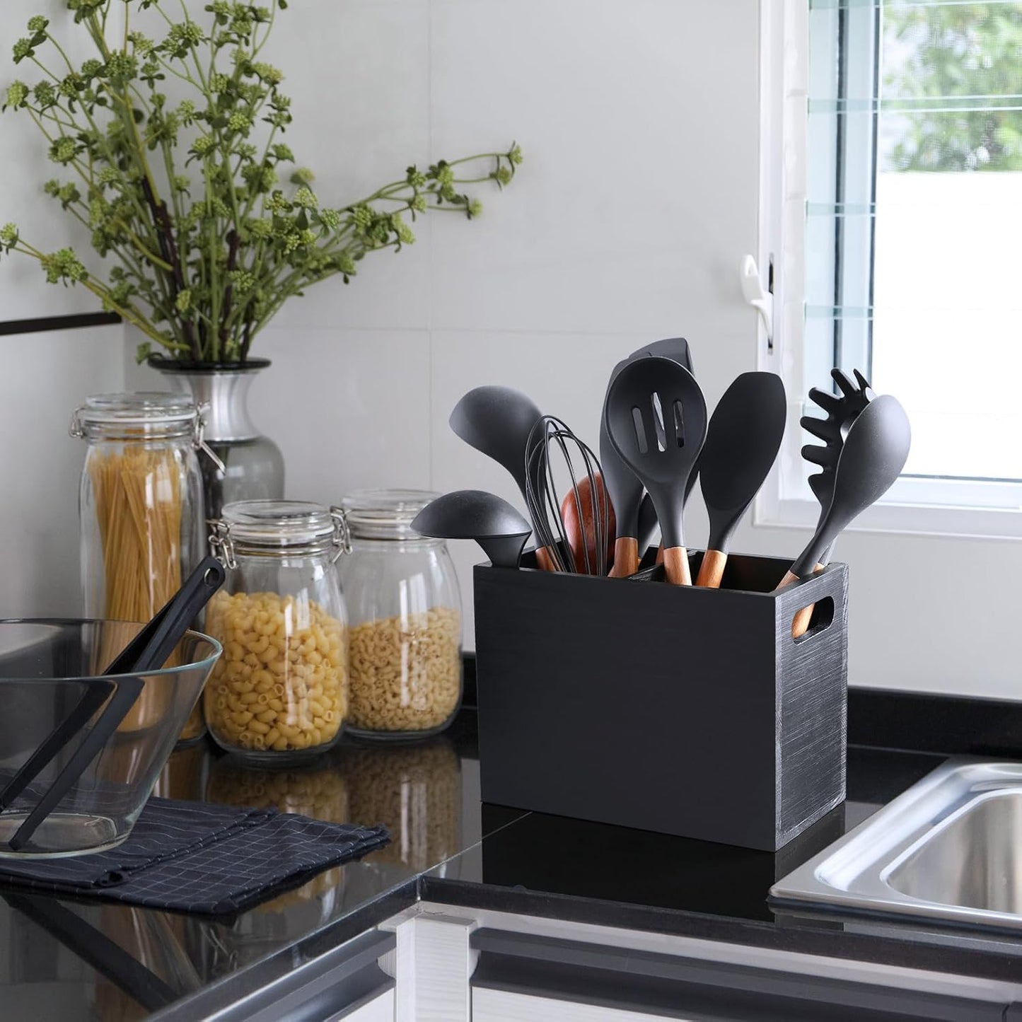 ALELION Black Utensil Holder for Kitchen Counter - 2 Compartment Large Utensil Caddy Organizer for Countertop - Kitchen Tool Holder for Spatula Ladles
