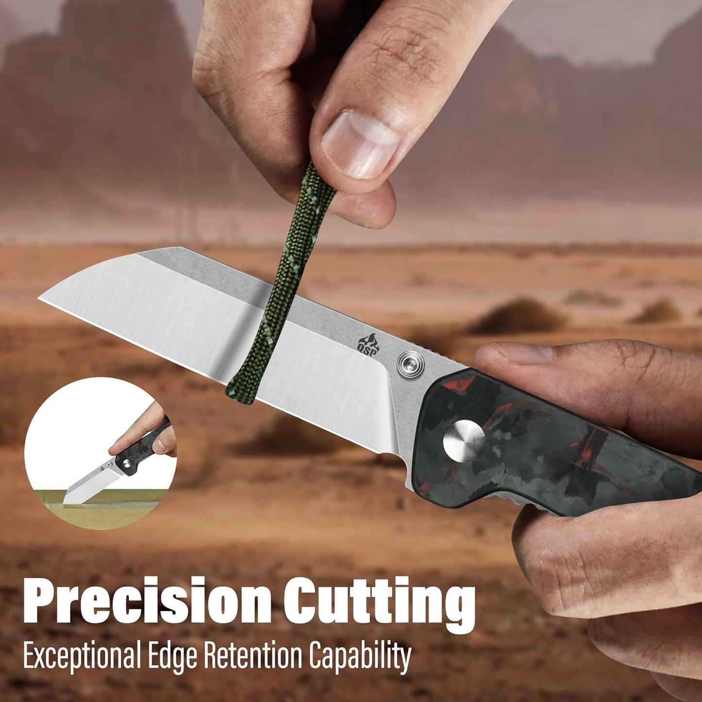 QSP Penguin V2 Folding Pocket Knife, 3.06" D2 Two Tone Finish Stonewash Satin Blade EDC Knife, Red Shredded CF Overlay G10 Handle, Liner Lock, Ceramic Ball Bearings, Reversible SS Deep Carry Clip