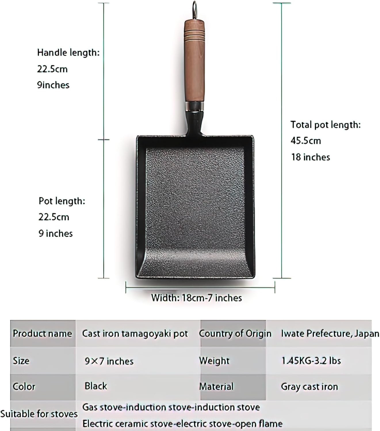 YYMIYU Tamagoyaki Japanese Omelette Pan Cast Iron Wooden Handle 9×7 inch