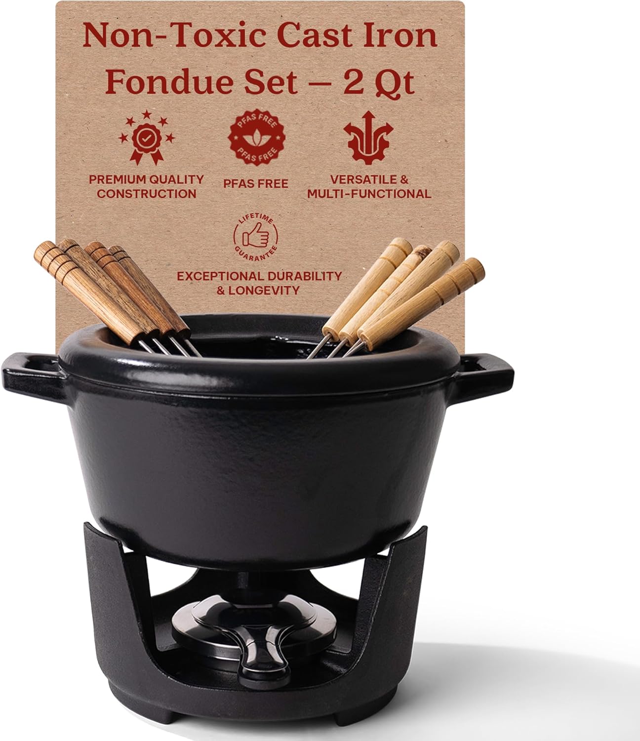 Alva Nori Cast Iron 2-Qt Fondue Pot Set – Made With No PTFE/PFOA/PFAS, Oven Safe – Works on Induction – 3-Layer Enamel, Easy to Clean, No Seasoning Needed – Includes 8 Forks, Burner & Stand