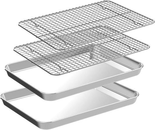 Small Baking Sheet with Rack Set [2 Small Cookie Sheets + 2 Small Baking Racks], CEKEE Stainless Steel Small Baking Pan and Grill Rack - Rust & Warp Resistant & Nonstick, Size 9.33 x 6.96 x 1 Inch