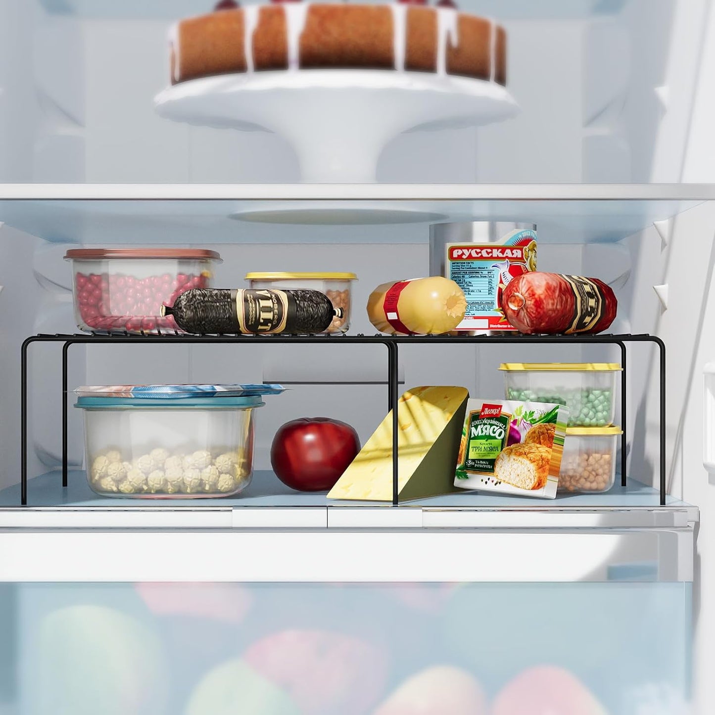 Expandable Storage Shelf, Pantry Organizers and Storage, Adjustable Rustproof Metal Wire Spice Rack, Space Saver Kitchen Storage Shelves for Pan, Pot, Countertop, Drawer, Fridge, Set of 2, Black