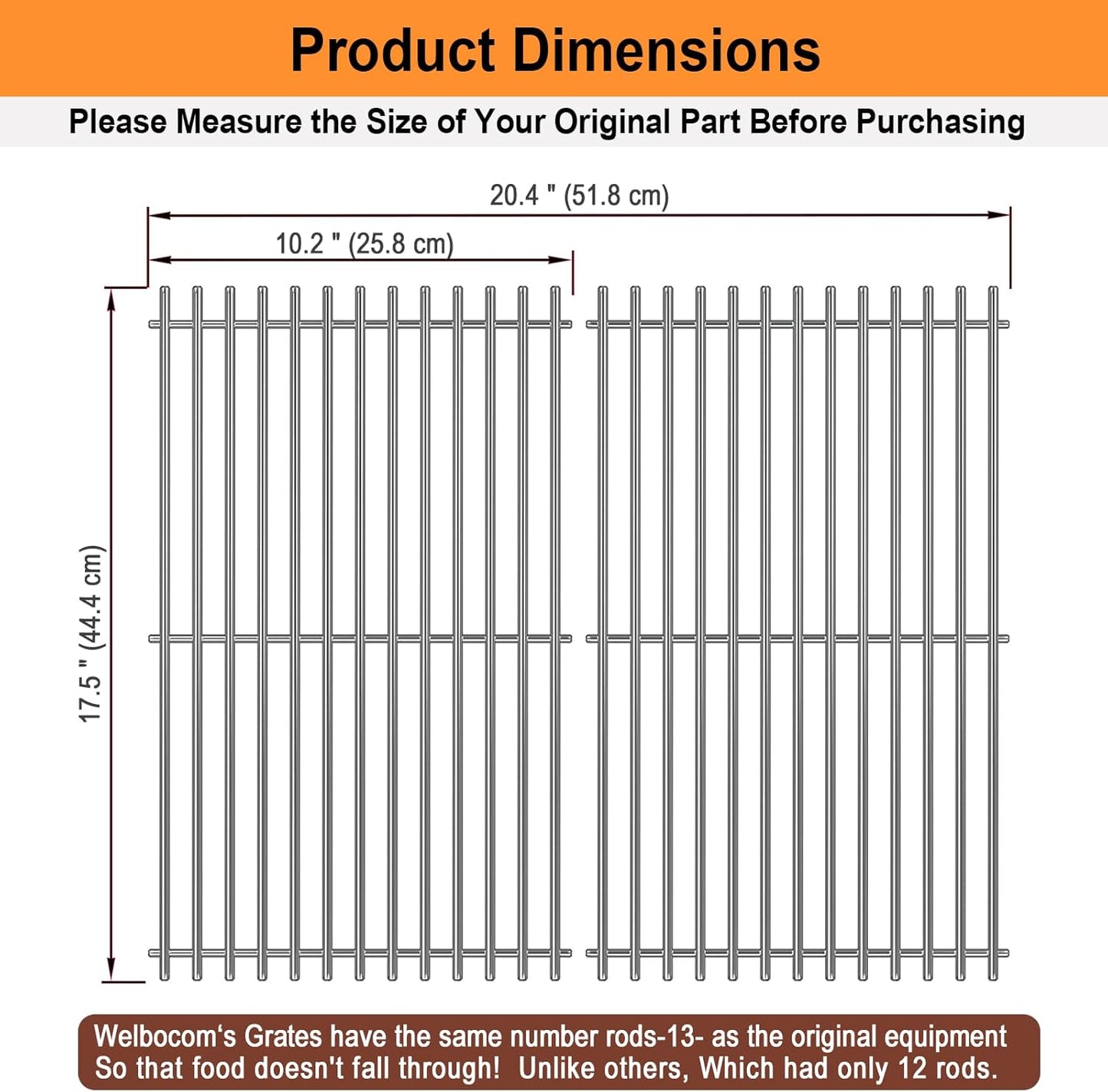 17.5" Cooking Grates for Weber Spirit E210 E220 & Spirit II E210 E220 Series Grills with Front Control Knobs;304 Stainless Steel Grates;Weber Grill Grates 7637;Weber Grill Grids (2 Pcs)