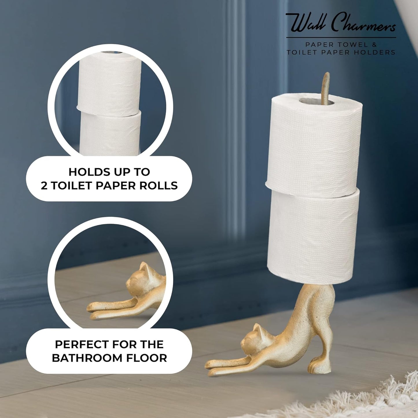 WallCharmers Gold Paper Towel Holder, Metal Toilet or Kitchen Paper Holder for Floor or Countertop, Gold Cat
