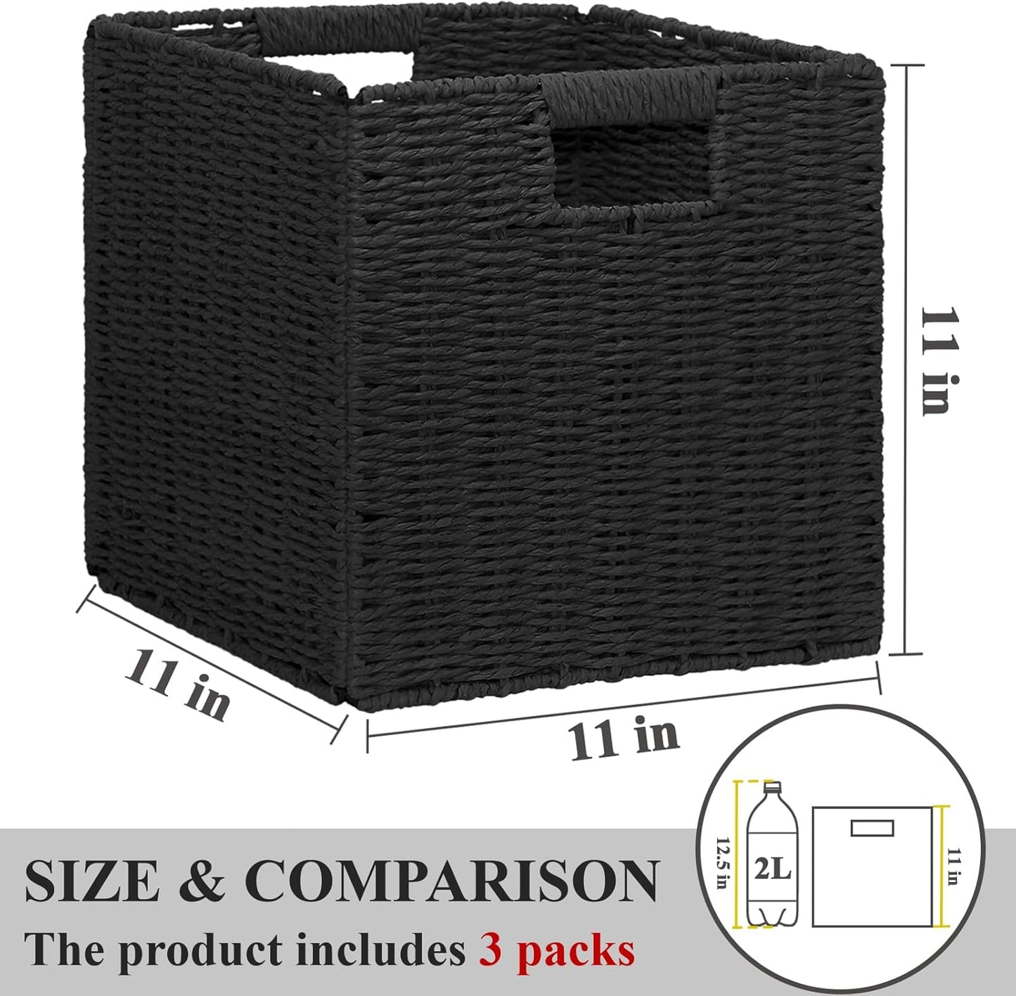 Wicker Storage Baskets for Organizing, 3 Pack Rustic Foldable Square Basket for Shelves, Handwoven Cubby Organizer Bins for Home Decor, Small Cube Storage Bin for Closet Organization (Black 11 inch)
