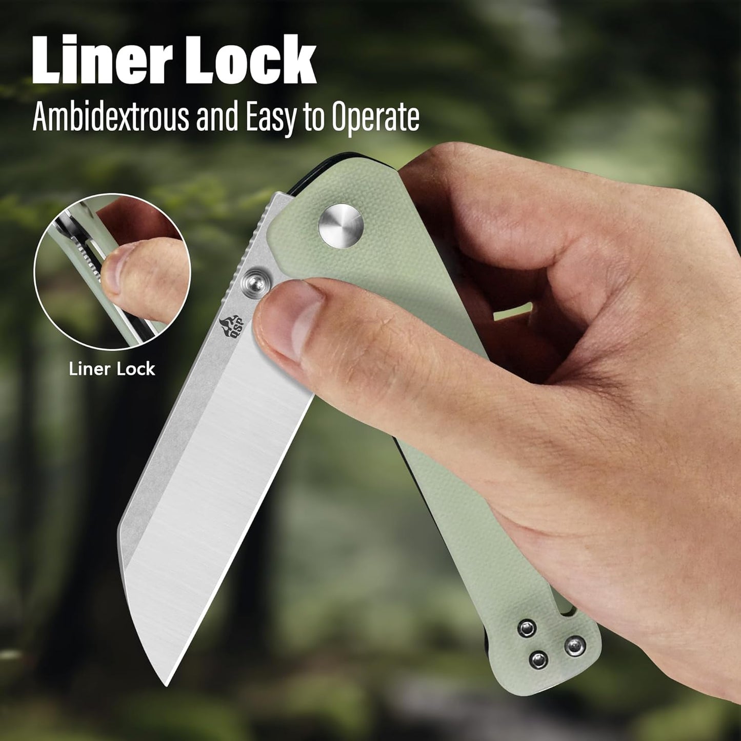 QSP Penguin V2 Folding Pocket Knife, 3.06" D2 Two Tone Finish Stonewash Satin Blade EDC Knife, Jade G10 Handle, Liner Lock, Ceramic Ball Bearings, Reversible SS Deep Carry Clip