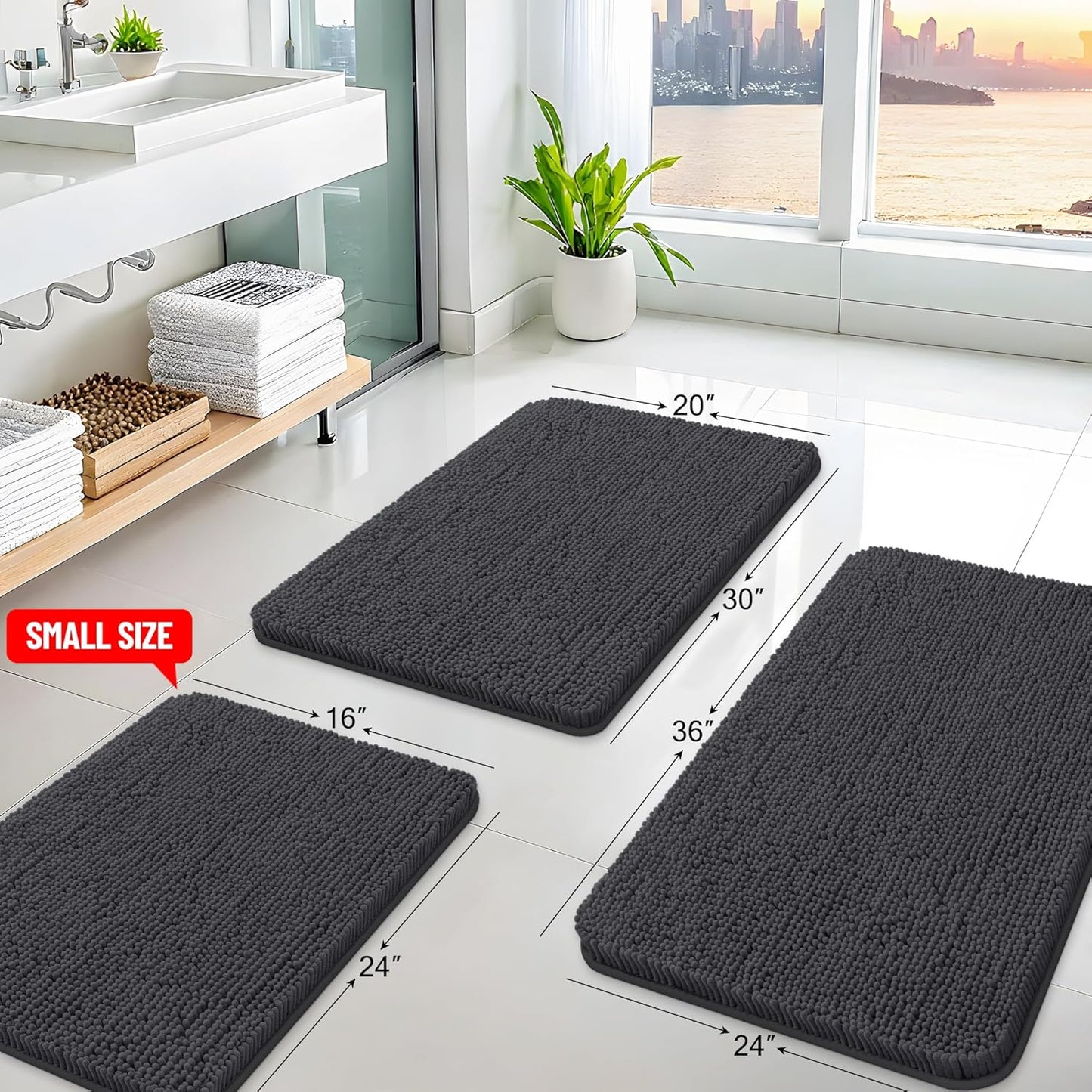 Arotive Bathroom Rugs 36x24, Extra Soft Absorbent Shaggy Chenille Bath Rugs, Machine Washable Rubber Backing Non-Slip Bath Mats for Bathroom Floor Tub and Shower, Home Decor Accessories, Dark Grey