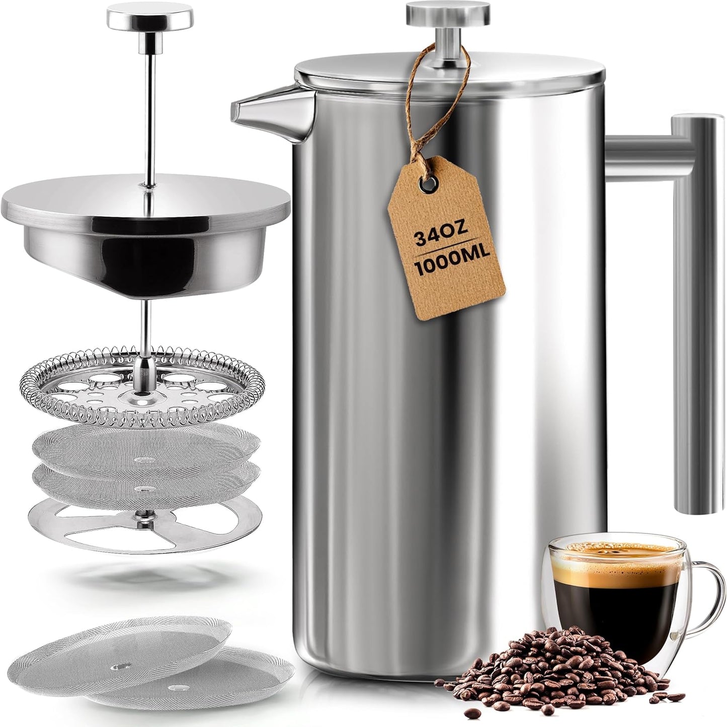 Utopia Kitchen Stainless Steel French Press Coffee Maker 34 Oz (1 Litre) with 2 Extra Filters, French Press Coffee & Tea Maker for Kitchen & Camping, Cold Brew Cafetiere, Silver