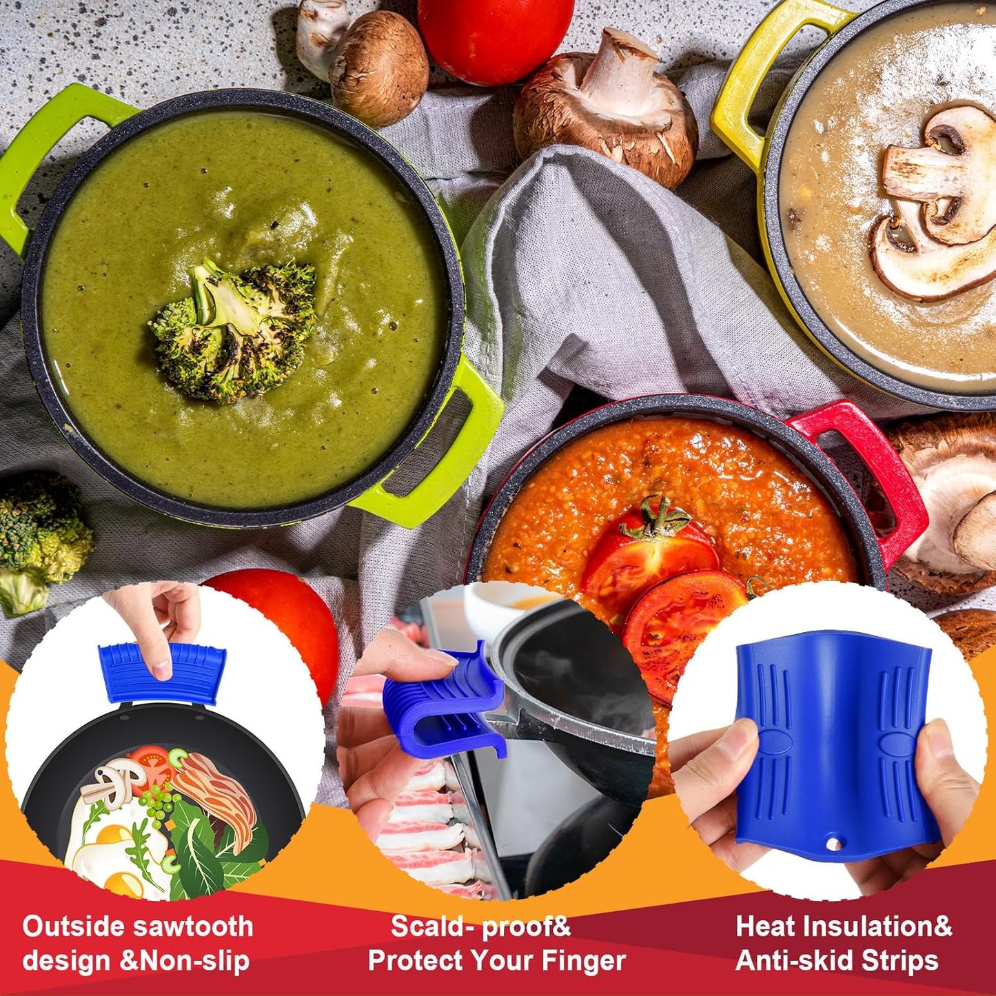 5 Pcs Cast Iron Handle Cover, Silicone Hot Handle Holder, Heat Resistant Cast Iron Skillet Handle Covers Potholder for Frying Pans and Griddles Kitchen Supplies