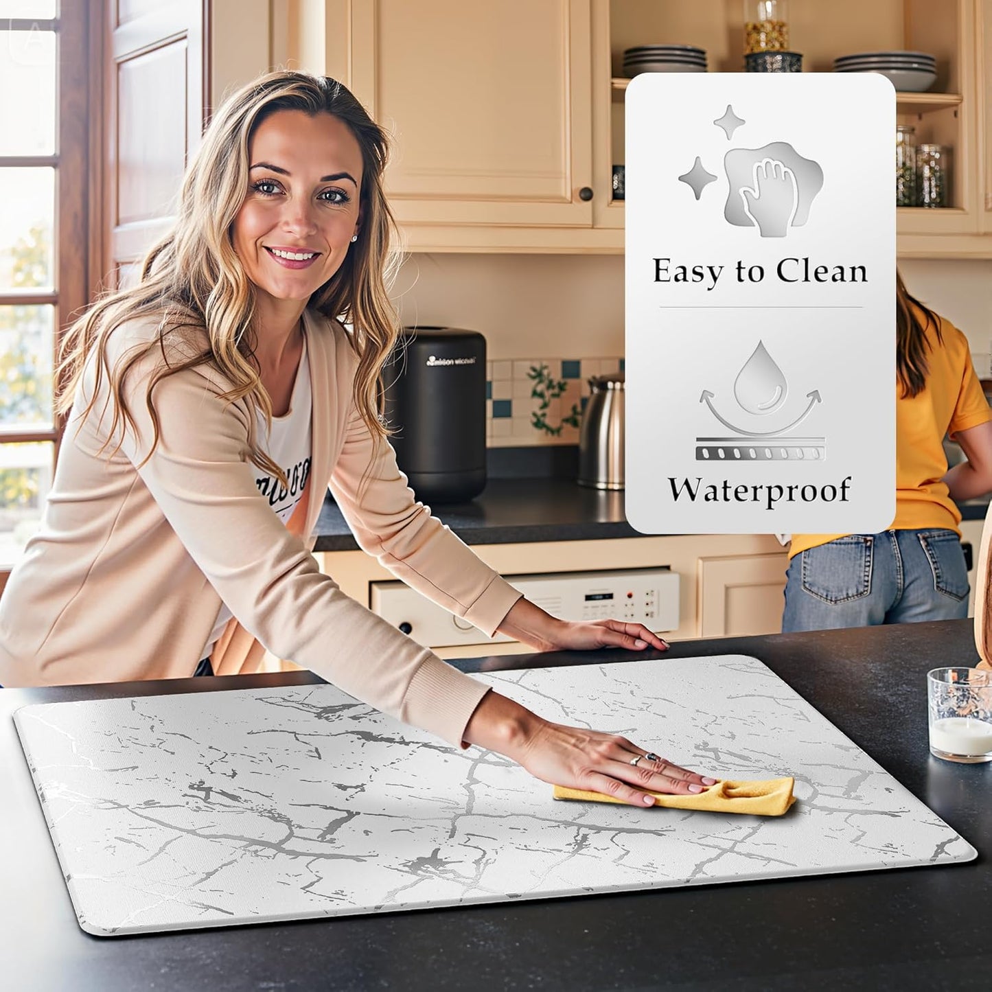 Silver Foil Stamped Marble Kitchen Mats for Floor 2PCS Cushioned Anti Fatigue Non Slip Waterproof Comfort Leather Kitchen Rugs 2/5 Inch PVC Kitchen Mats for Sink, Laundry, 17.3"x28"+17.3"x47",White