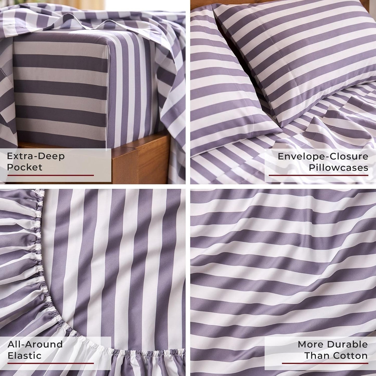 Mellanni King Sheets Set - 4 PC Iconic Collection Bedding - Hotel Luxury, Extra Soft, Cooling Bed Sheets - Wrinkle, Fade, Stain Resistant (King, Oxford Stripe Hazy Lilac)